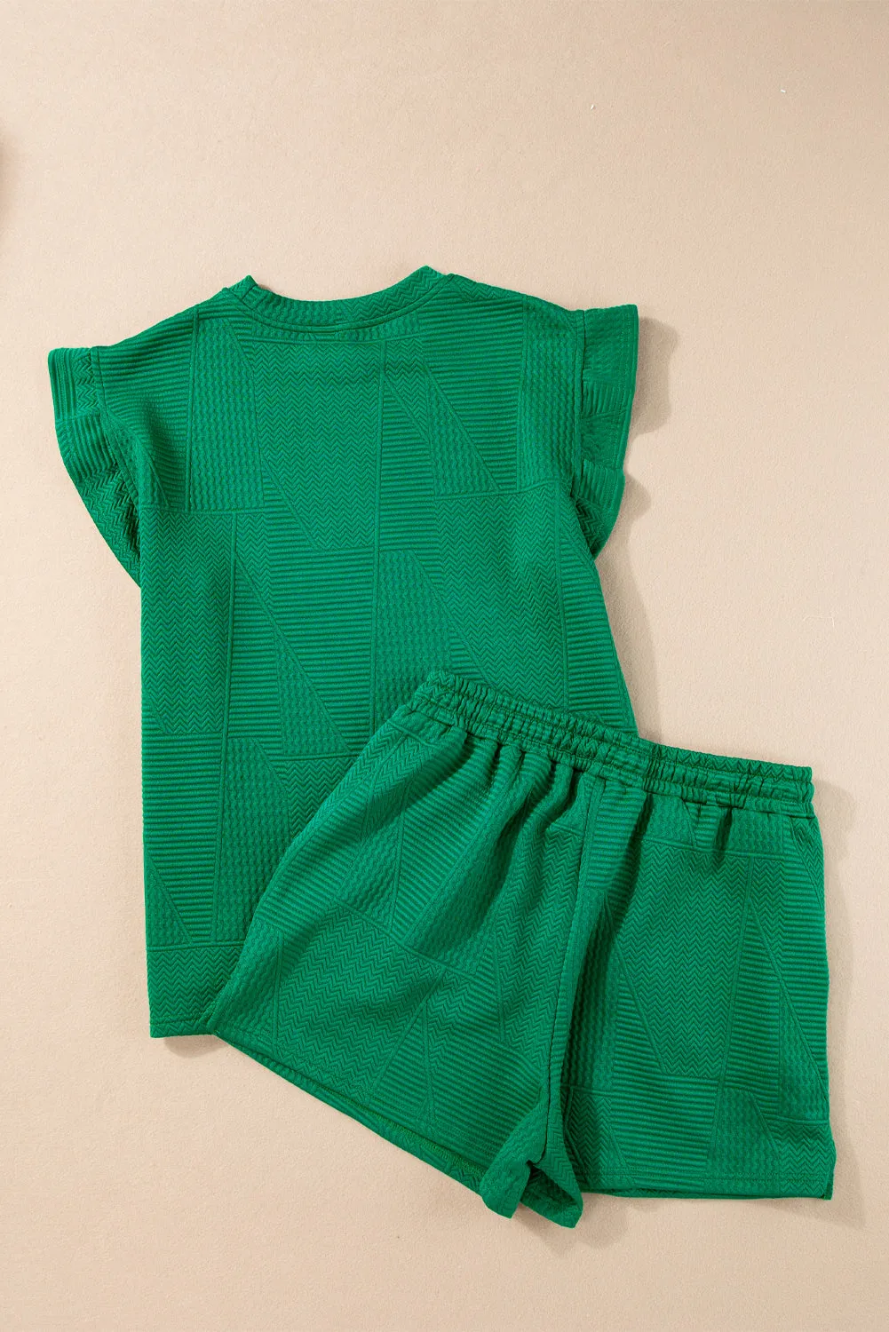 Dark Green Textured Ruffle Split Top and Drawstring Shorts