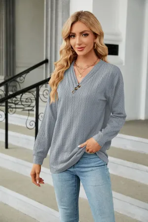 Decorative Button V-Neck Long Sleeve T-Shirt