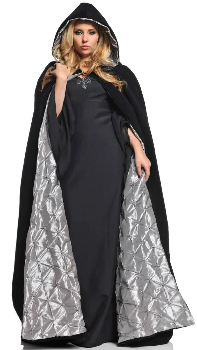 Deluxe Women's Black Velvet Halloween Cloak with Silver Satin Lining