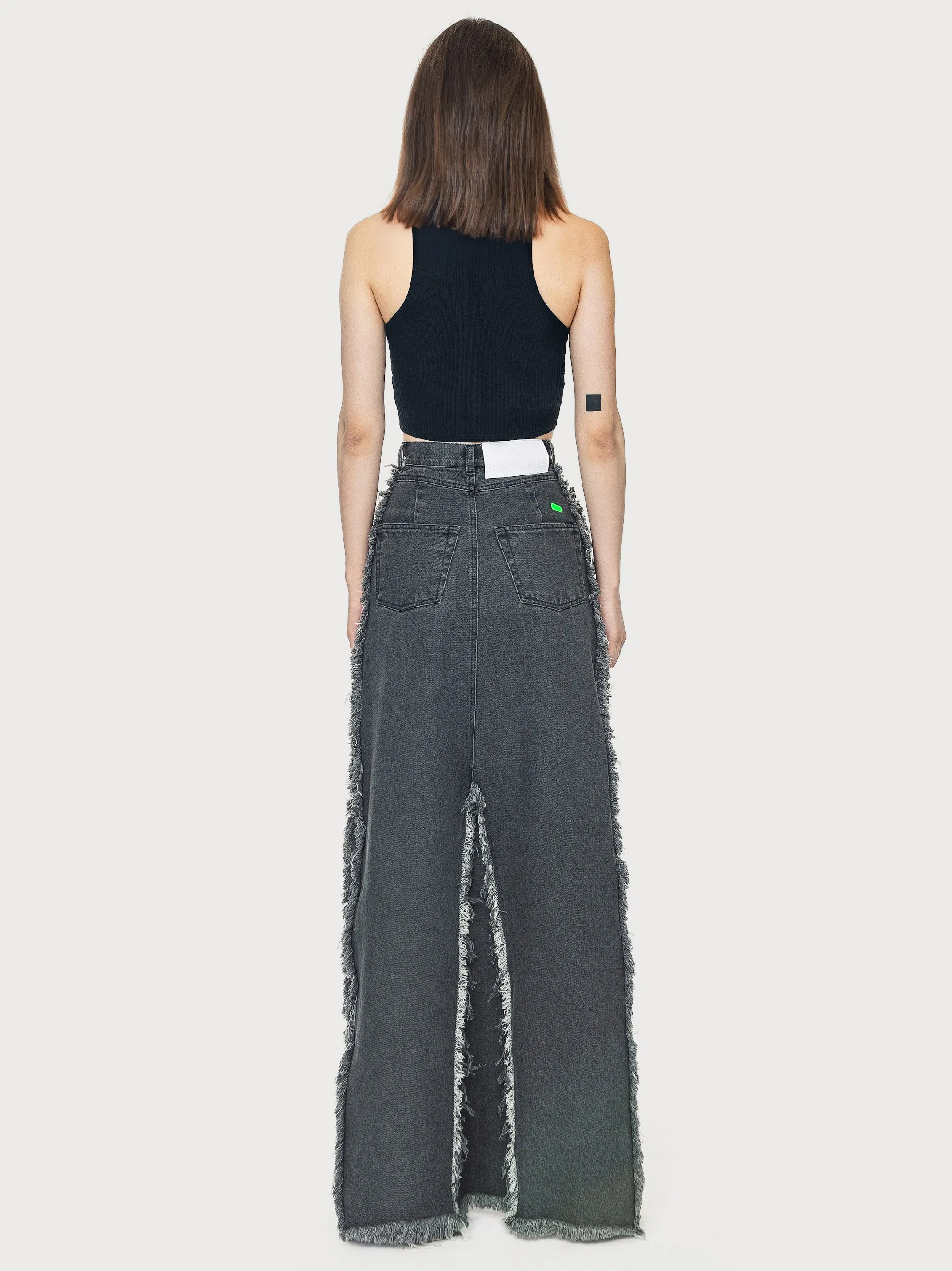 Denim Maxi Skirt with Fringed Details