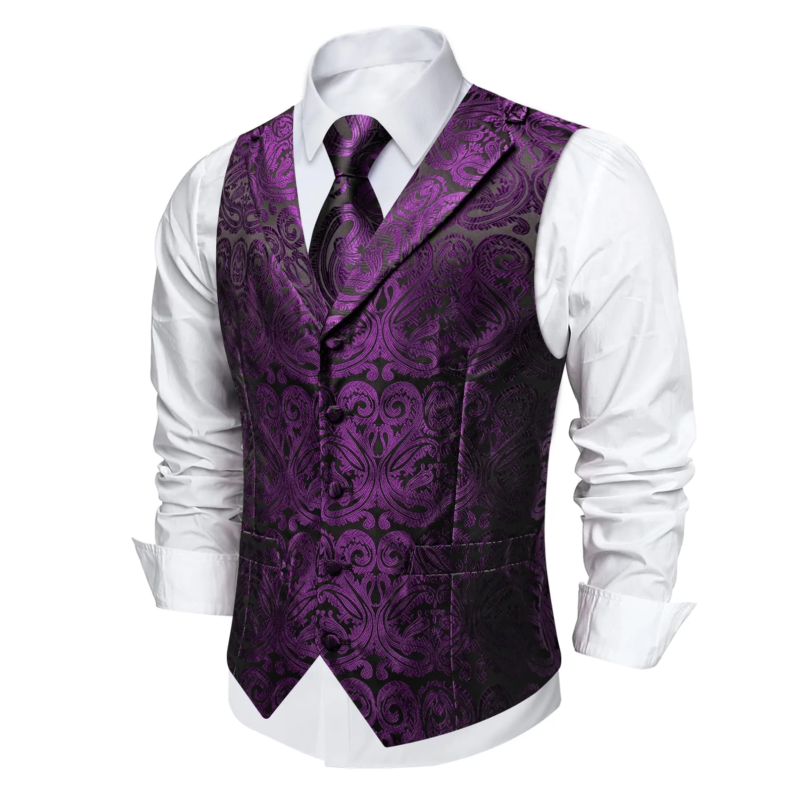 DiBanGu Dark Purple Paisley Notched Collar Silk Mens Dress Vest Tie Set