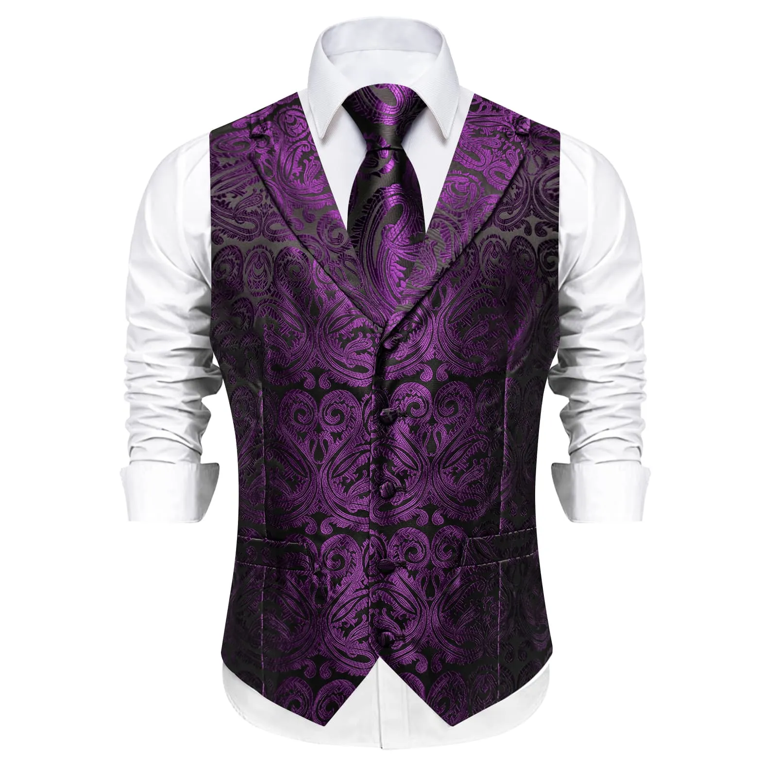 DiBanGu Dark Purple Paisley Notched Collar Silk Mens Dress Vest Tie Set