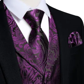 DiBanGu Dark Purple Paisley Notched Collar Silk Mens Dress Vest Tie Set