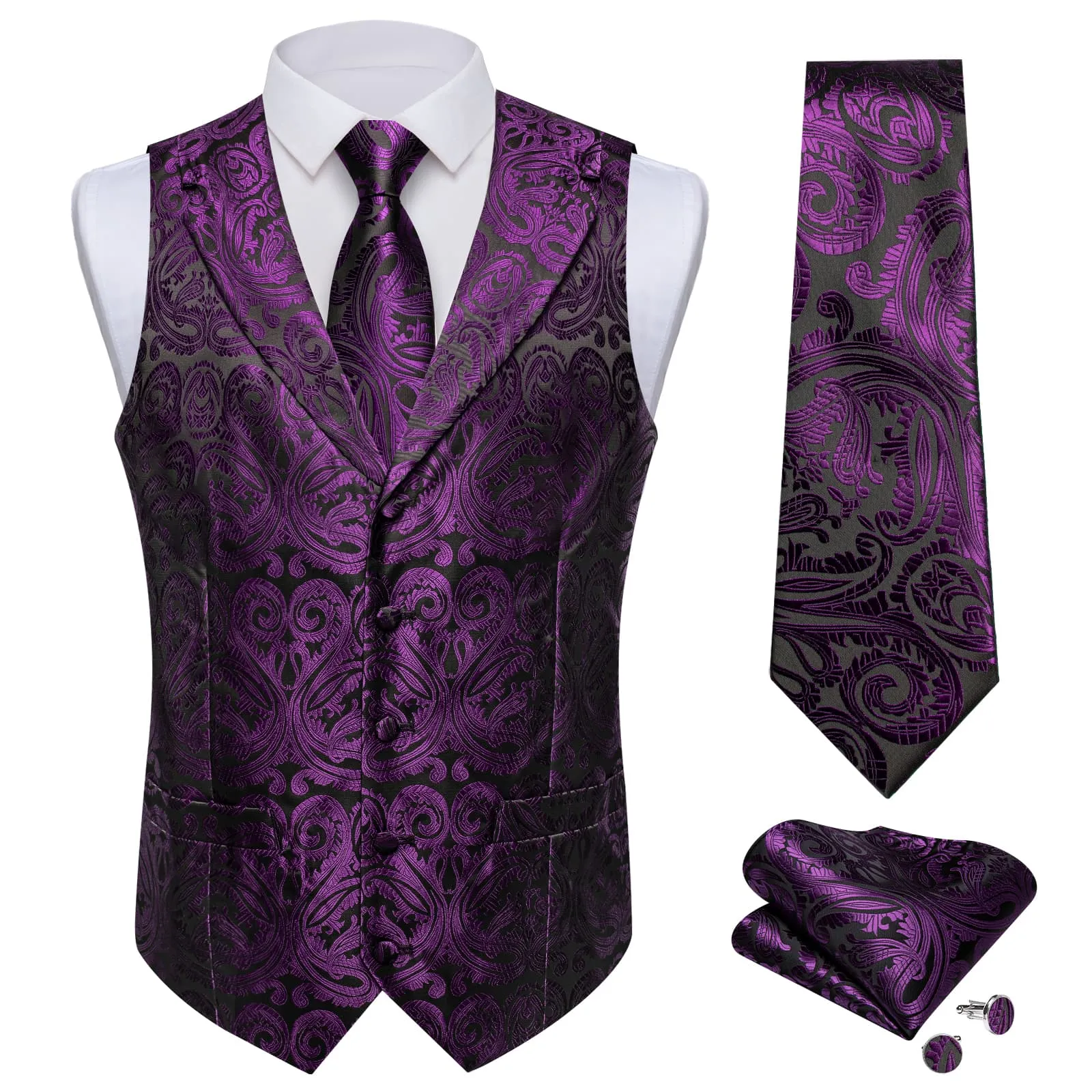 DiBanGu Dark Purple Paisley Notched Collar Silk Mens Dress Vest Tie Set