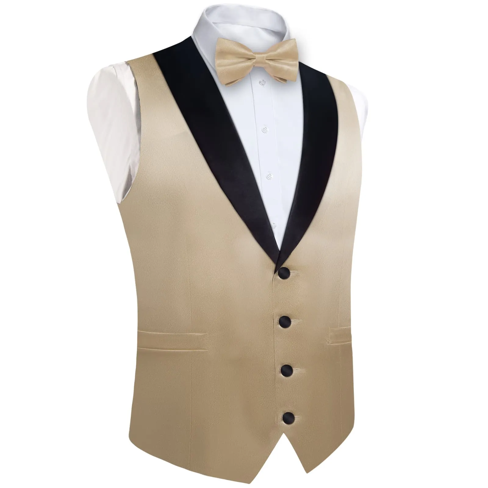 DiBanGu Tuxedo Vest Khaki Brown Solid Silk Mens Work Dress Button Vest and Bow Tie Set