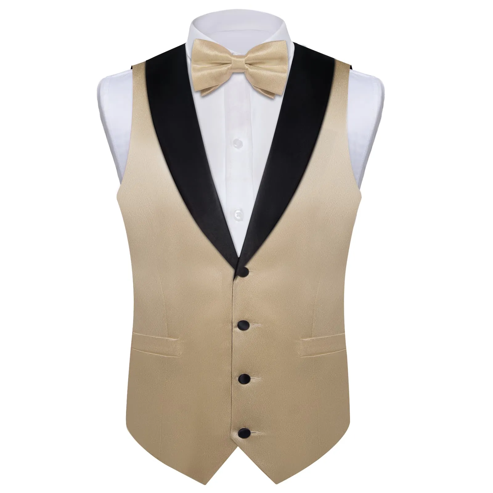 DiBanGu Tuxedo Vest Khaki Brown Solid Silk Mens Work Dress Button Vest and Bow Tie Set