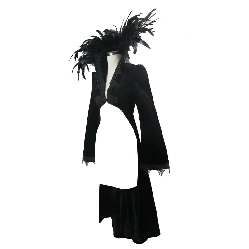 Elegant Velvet Coat with Feather Collar / Gothic Women's Embroidery Trim Black Tailcoat