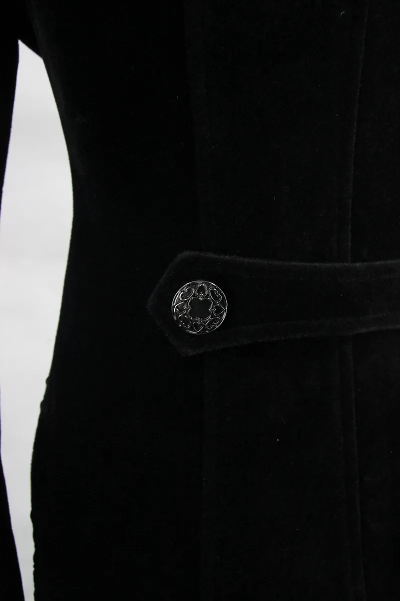 Elegant Velvet Coat with Feather Collar / Gothic Women's Embroidery Trim Black Tailcoat