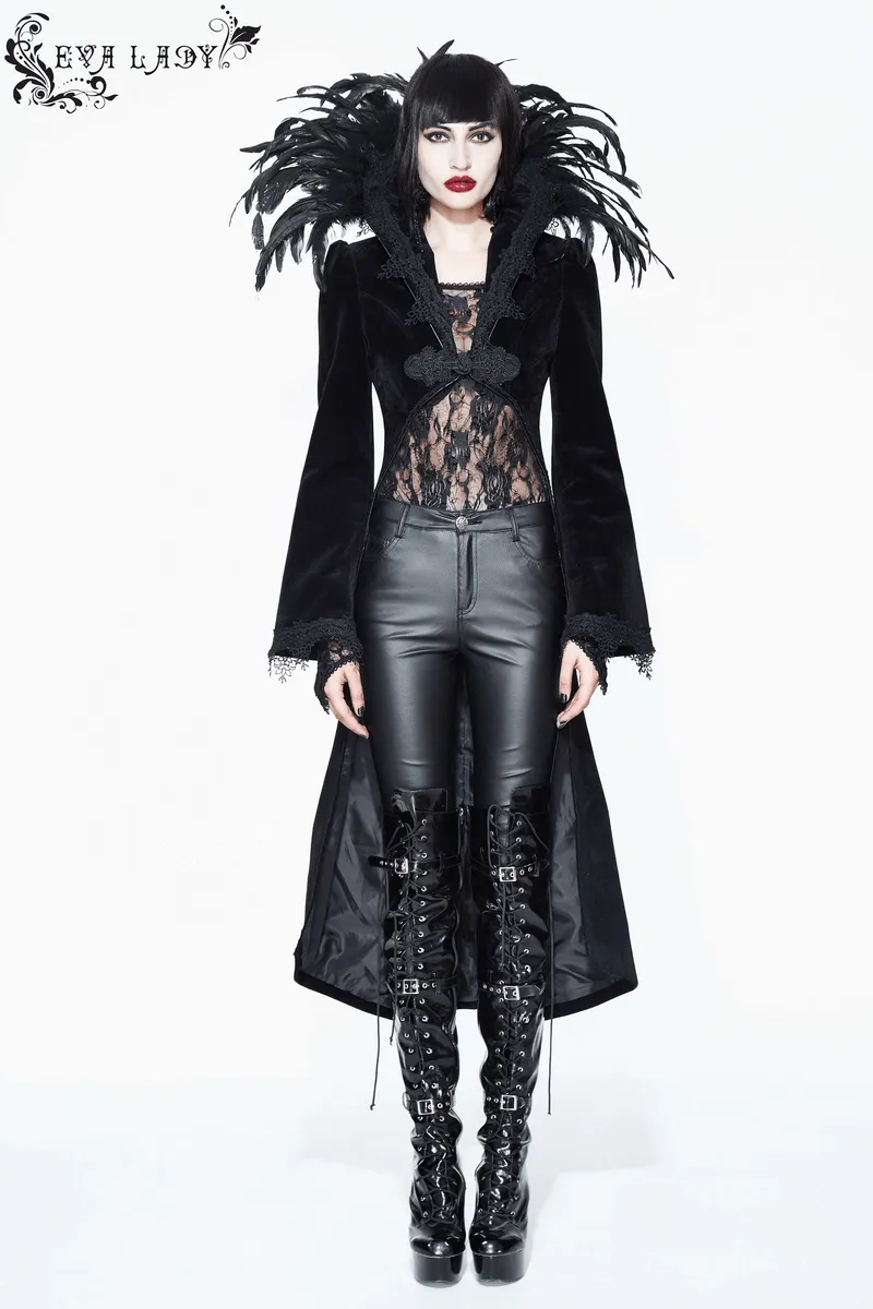 Elegant Velvet Coat with Feather Collar / Gothic Women's Embroidery Trim Black Tailcoat