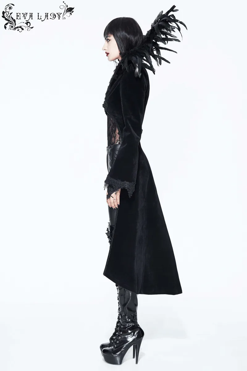 Elegant Velvet Coat with Feather Collar / Gothic Women's Embroidery Trim Black Tailcoat