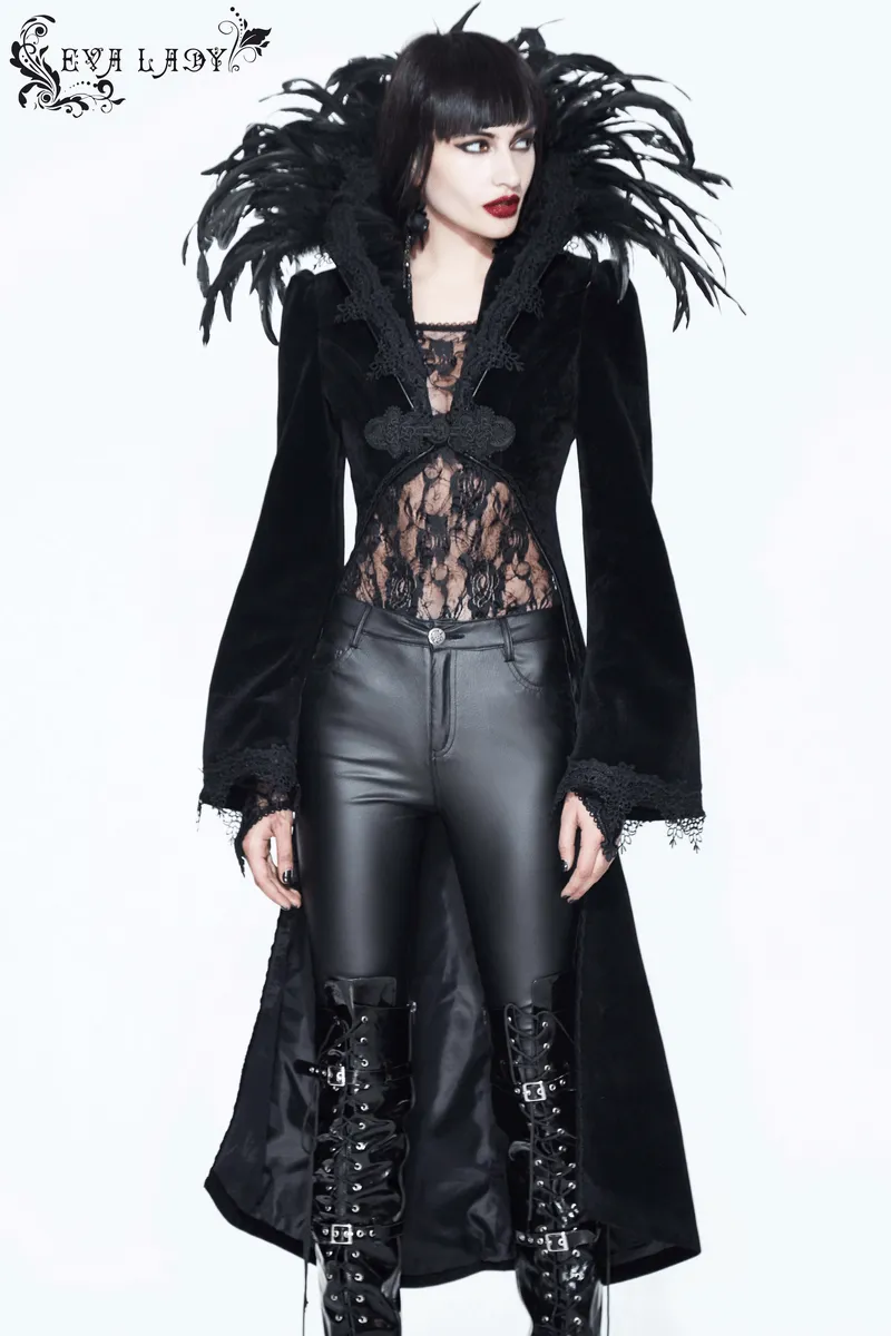 Elegant Velvet Coat with Feather Collar / Gothic Women's Embroidery Trim Black Tailcoat