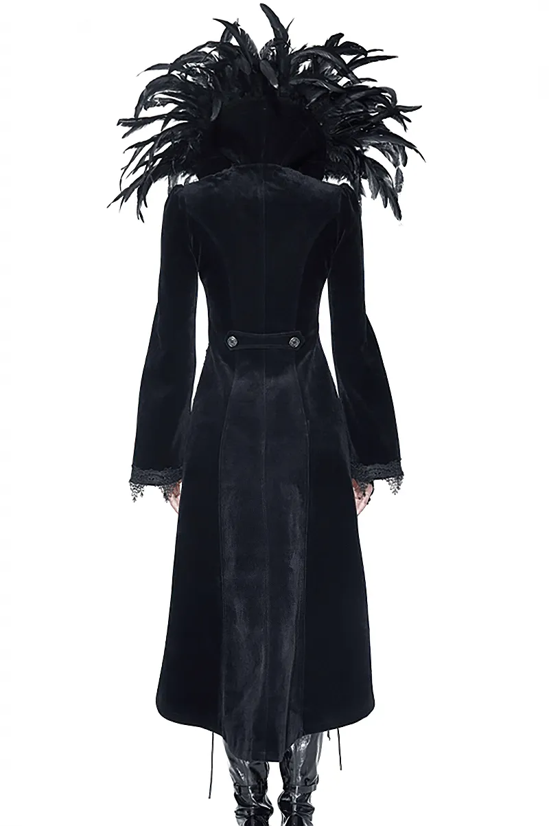 Elegant Velvet Coat with Feather Collar / Gothic Women's Embroidery Trim Black Tailcoat