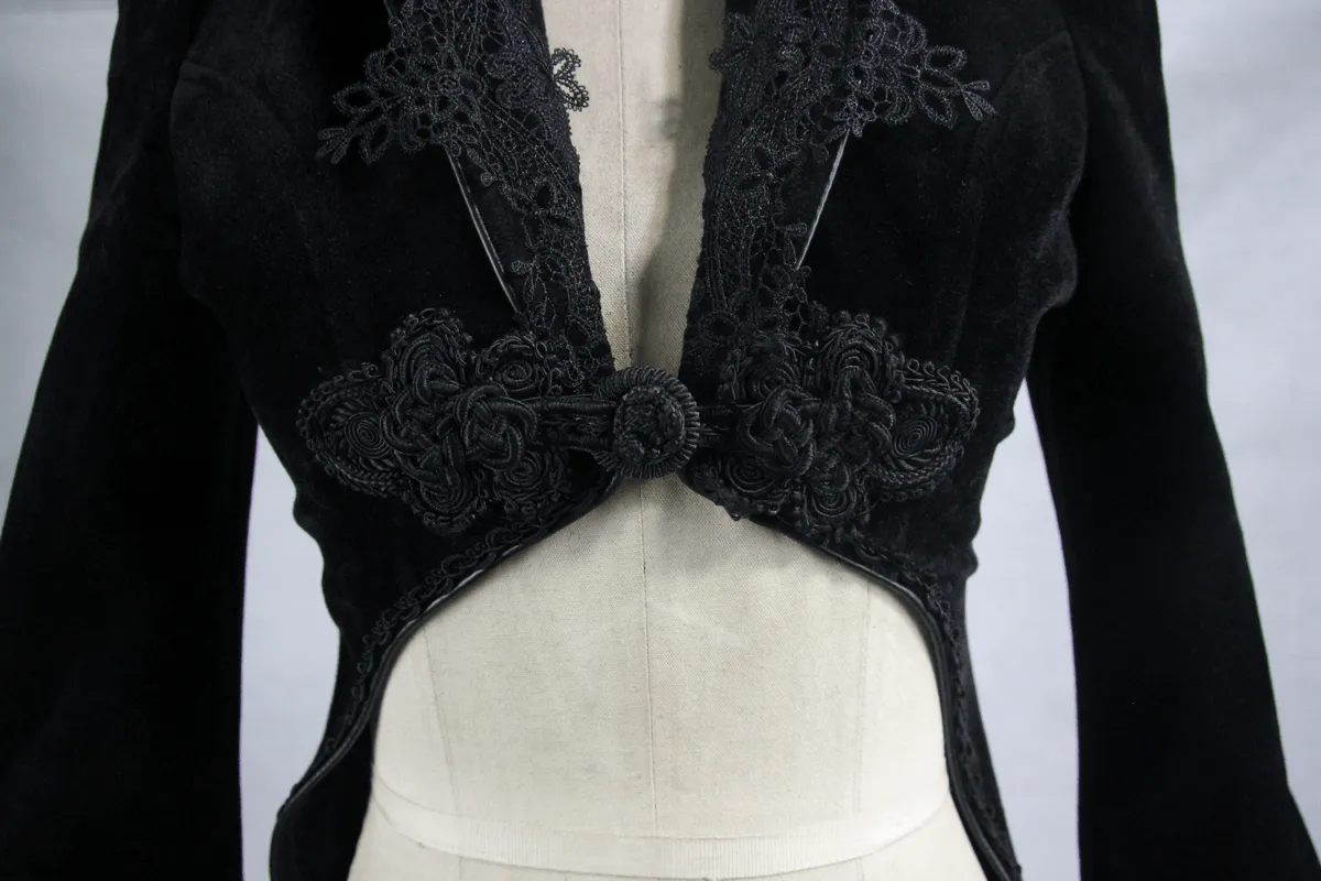 Elegant Velvet Coat with Feather Collar / Gothic Women's Embroidery Trim Black Tailcoat