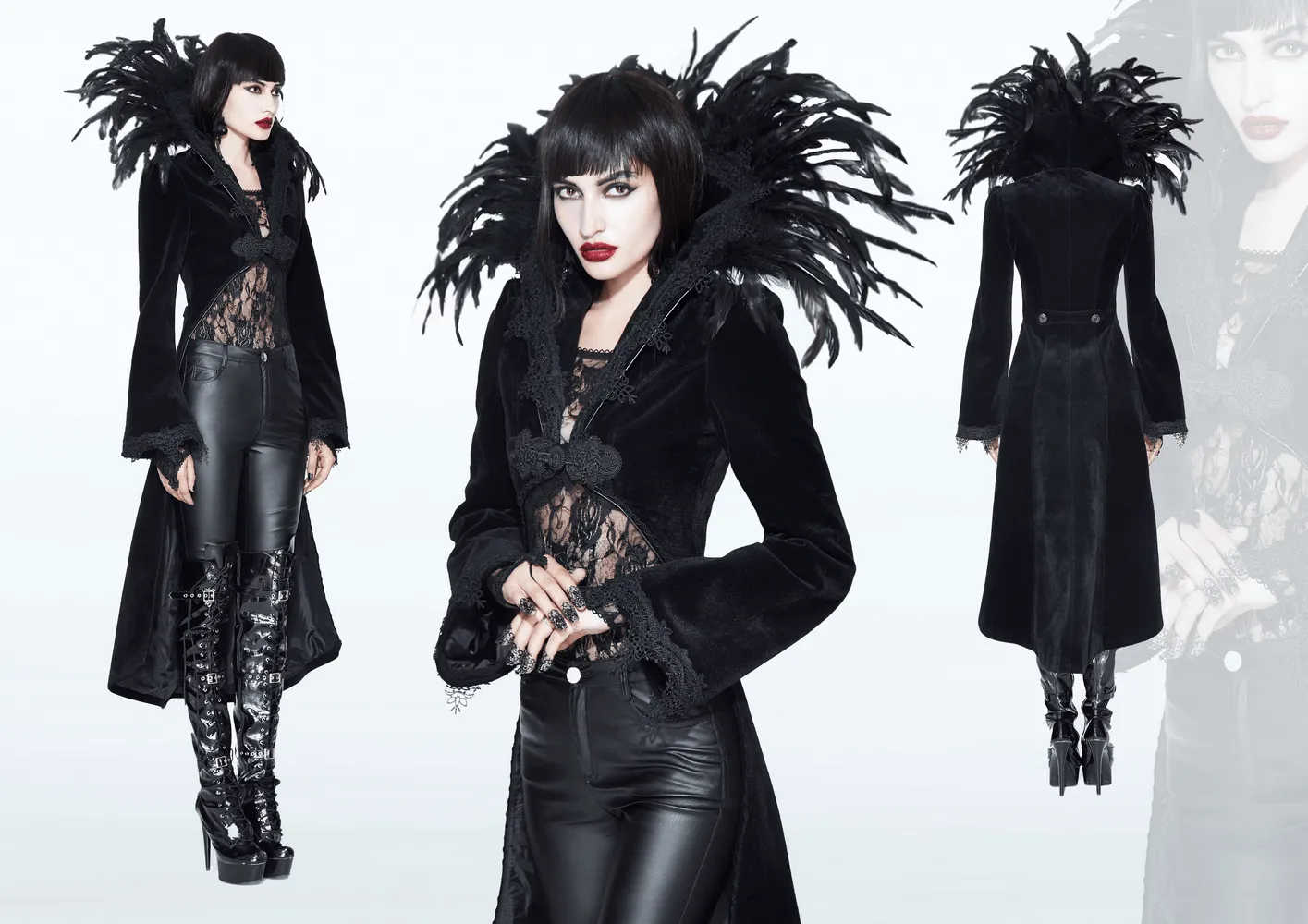 Elegant Velvet Coat with Feather Collar / Gothic Women's Embroidery Trim Black Tailcoat