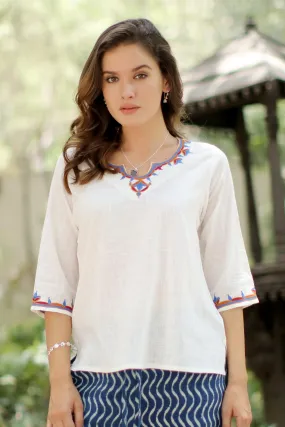 Embroidered Cotton Tunic in Snow White from India - Desert Flowers | NOVICA