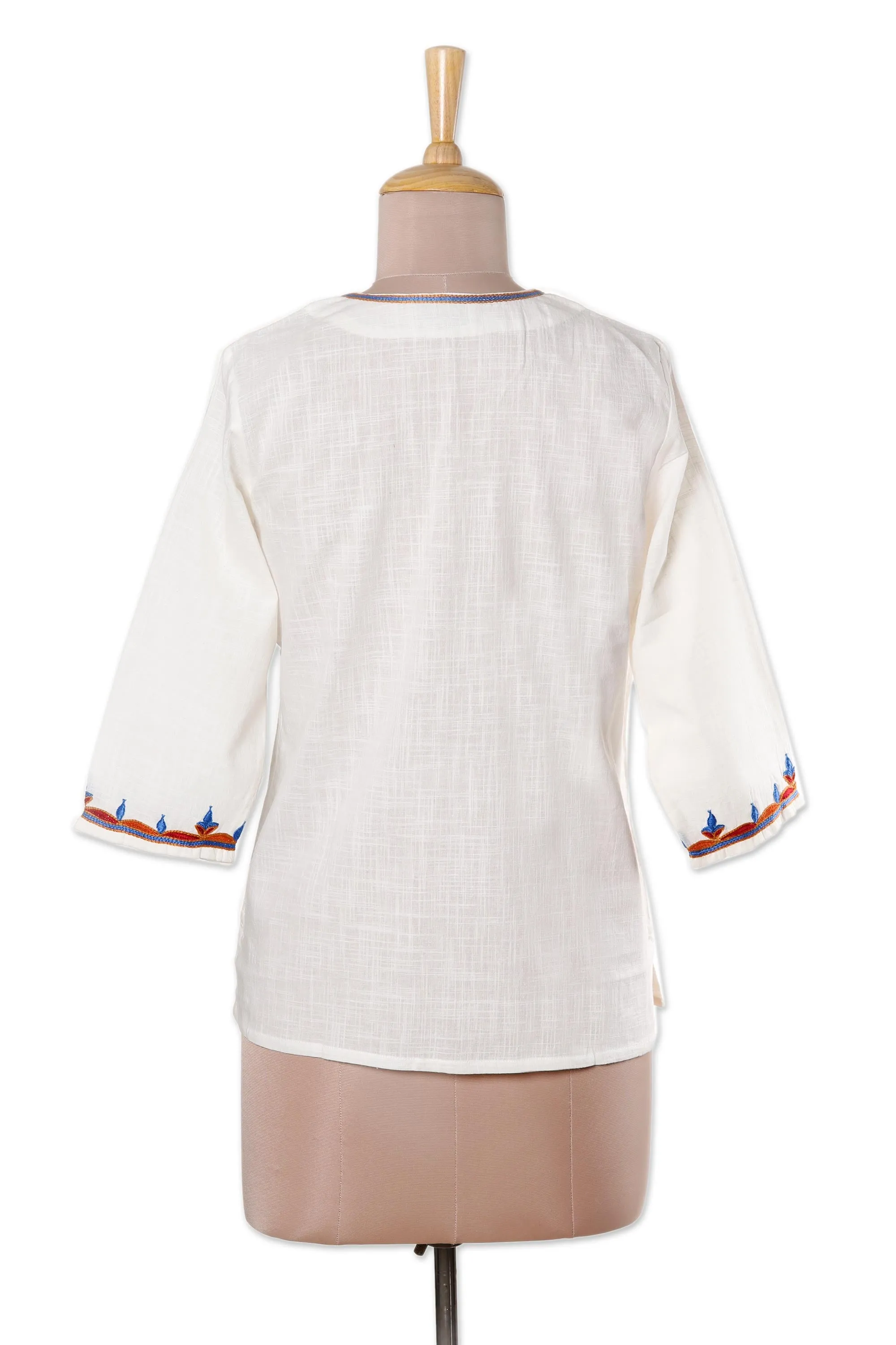 Embroidered Cotton Tunic in Snow White from India - Desert Flowers | NOVICA