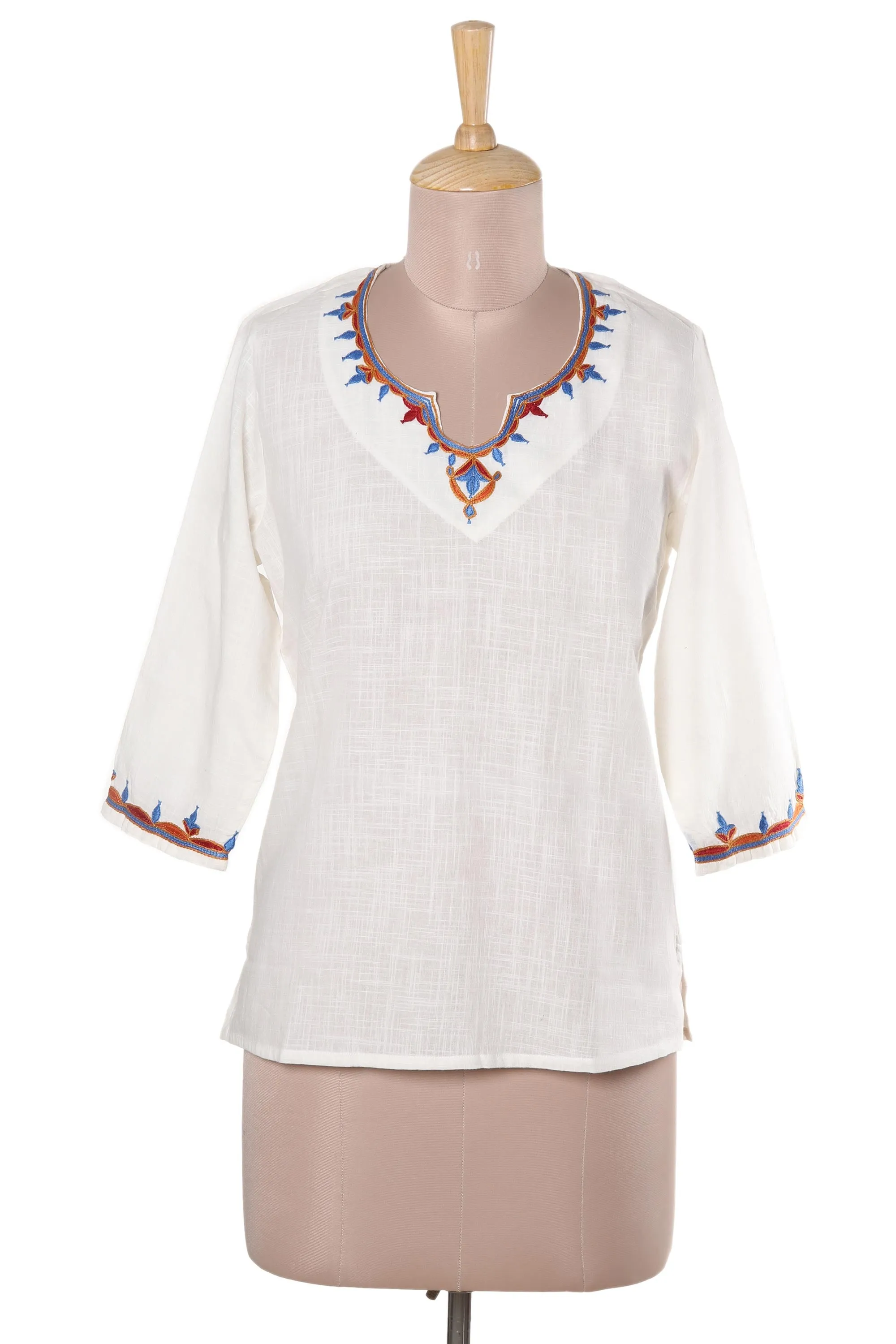 Embroidered Cotton Tunic in Snow White from India - Desert Flowers | NOVICA