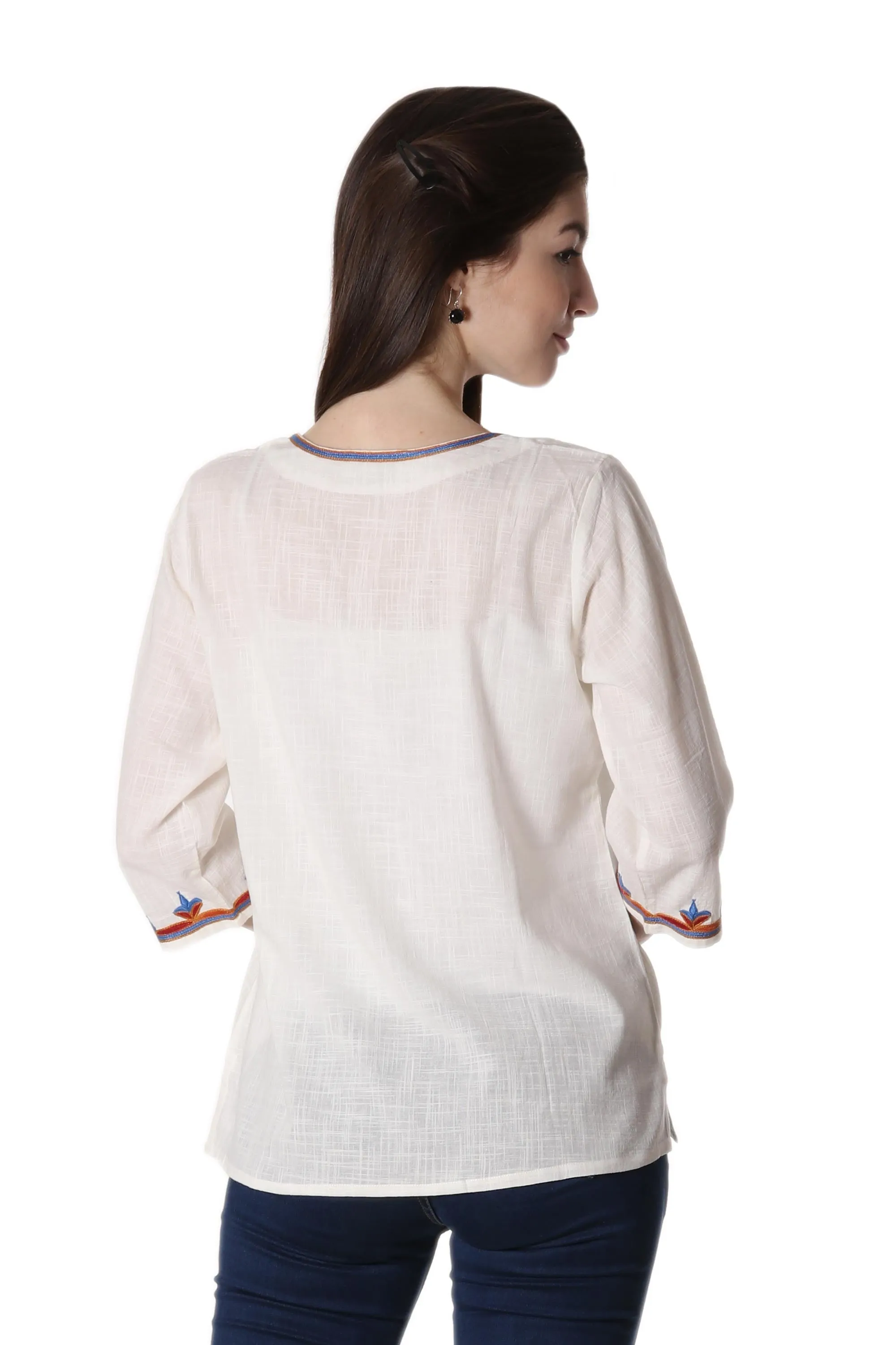 Embroidered Cotton Tunic in Snow White from India - Desert Flowers | NOVICA