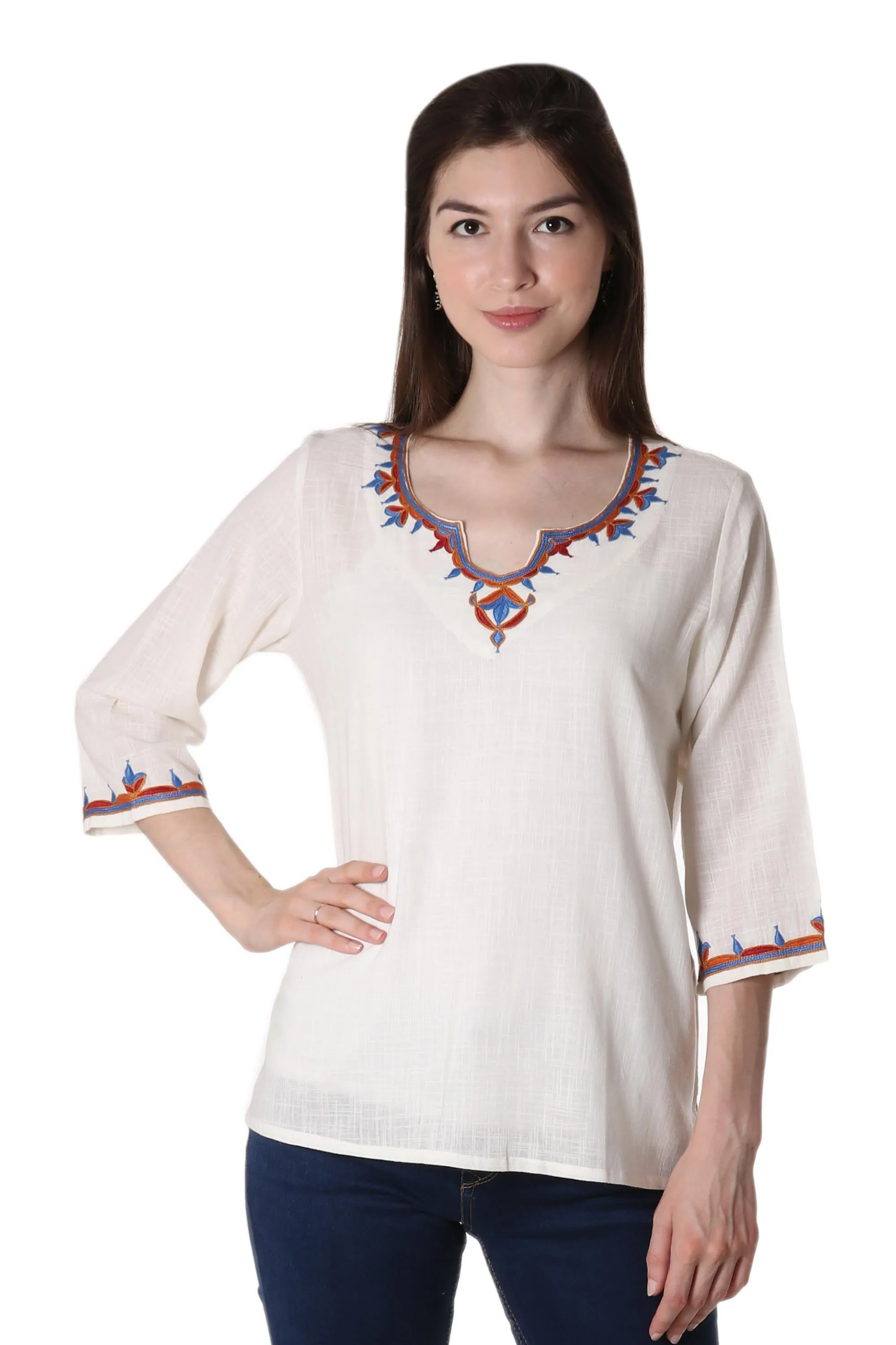 Embroidered Cotton Tunic in Snow White from India - Desert Flowers | NOVICA