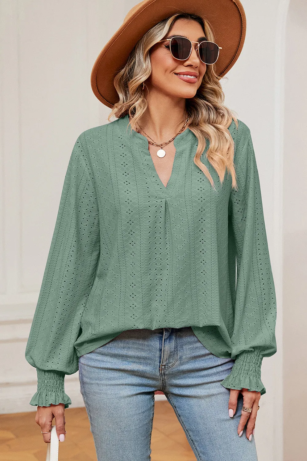 Eyelet Notched Long Sleeve T-Shirt