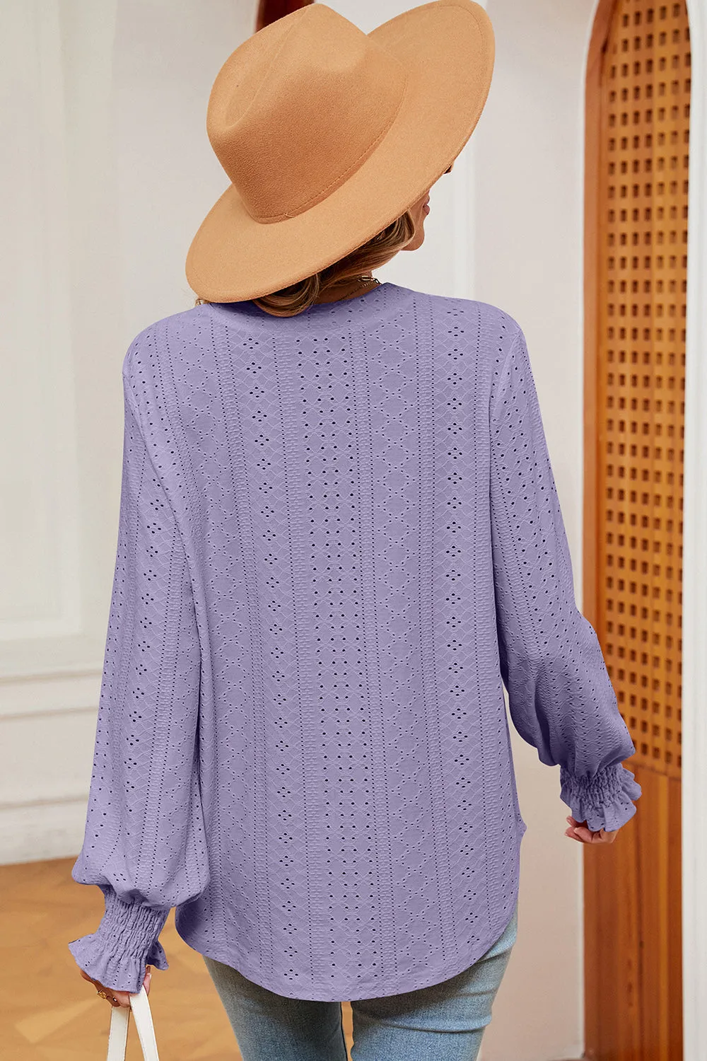 Eyelet Notched Long Sleeve T-Shirt