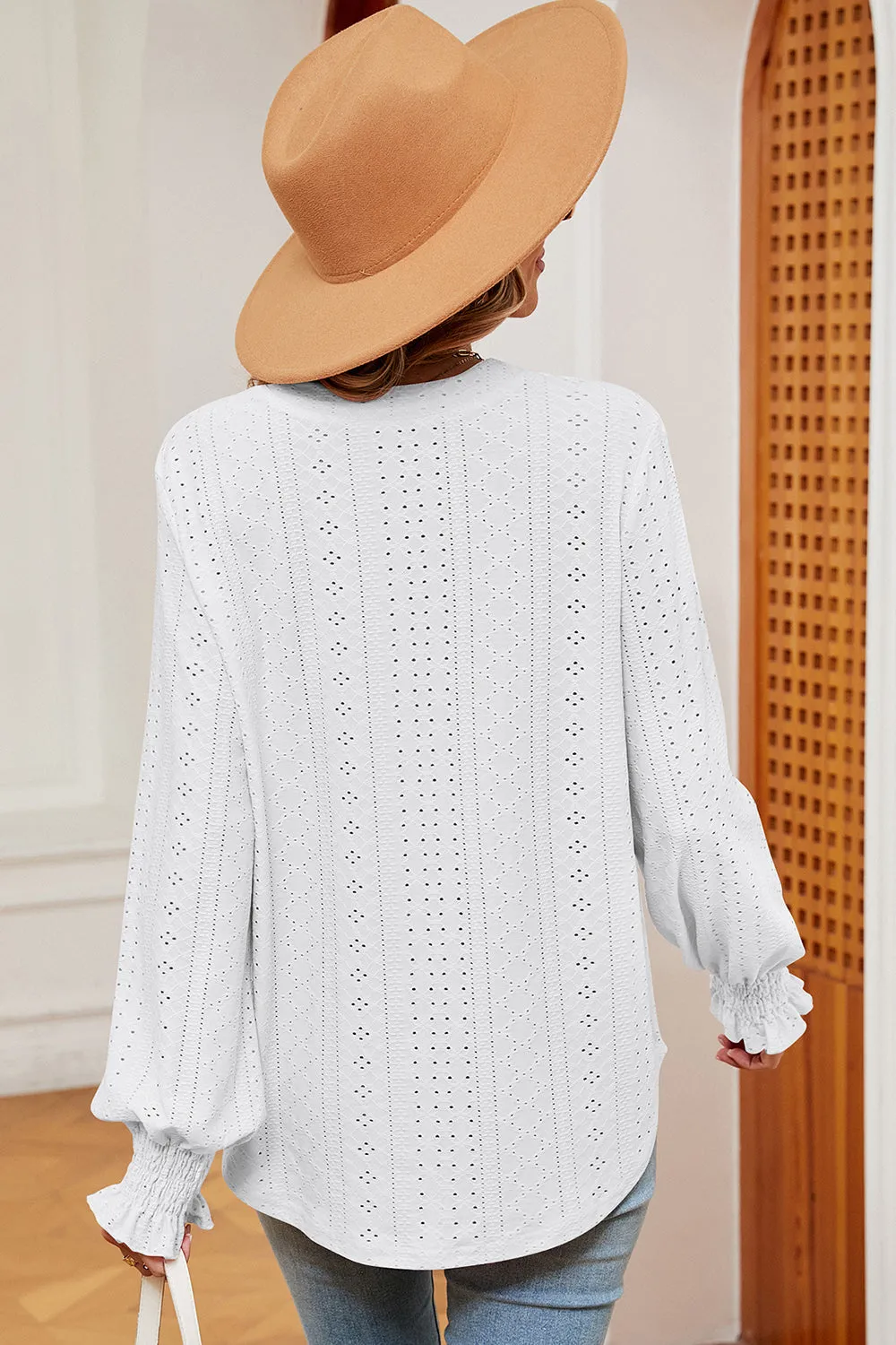 Eyelet Notched Long Sleeve T-Shirt