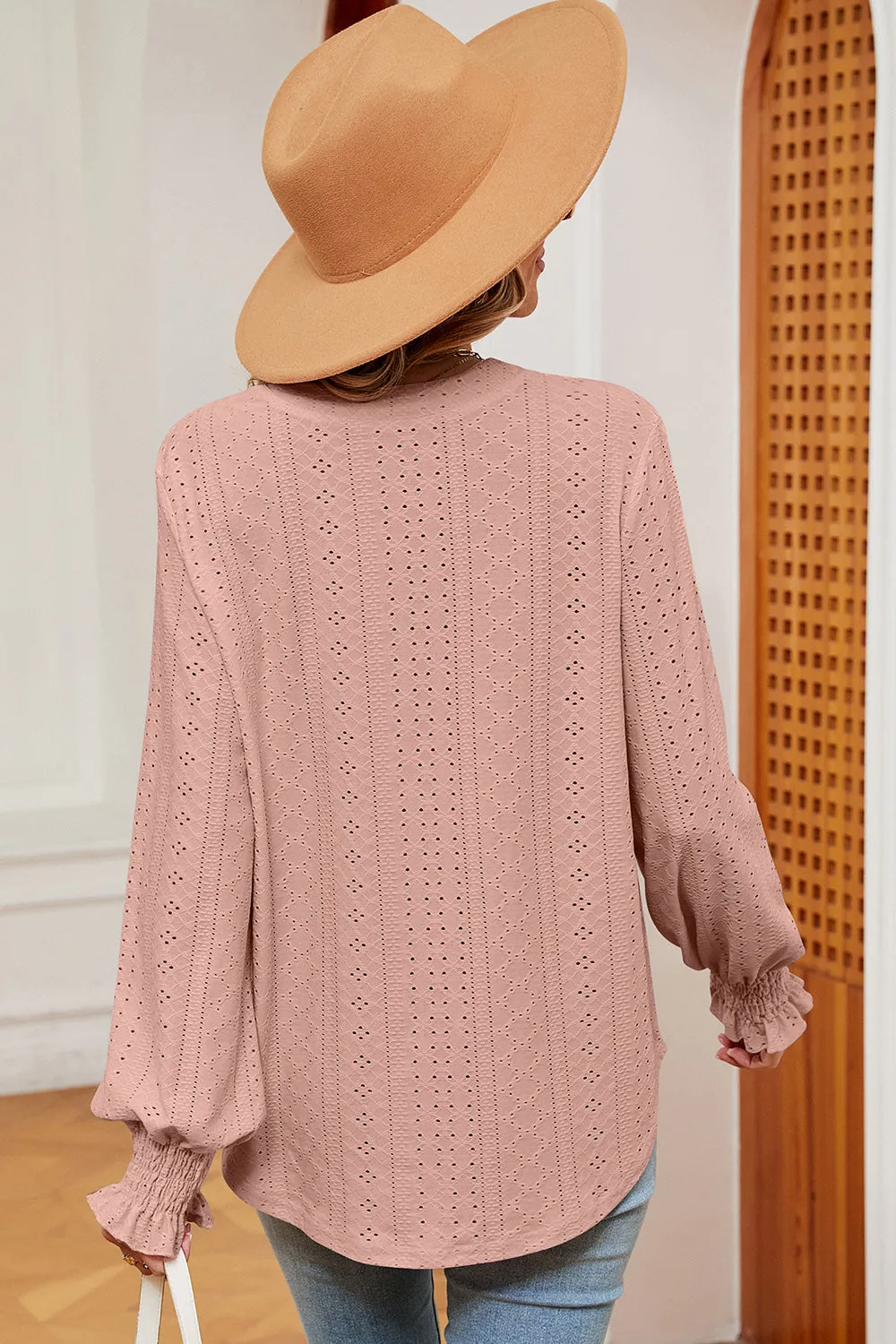 Eyelet Notched Long Sleeve T-Shirt