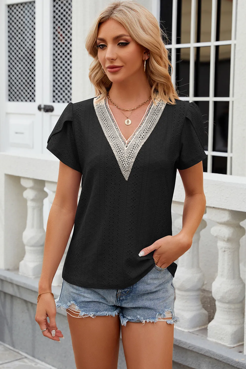 Eyelet V-Neck Petal Sleeve T-Shirt