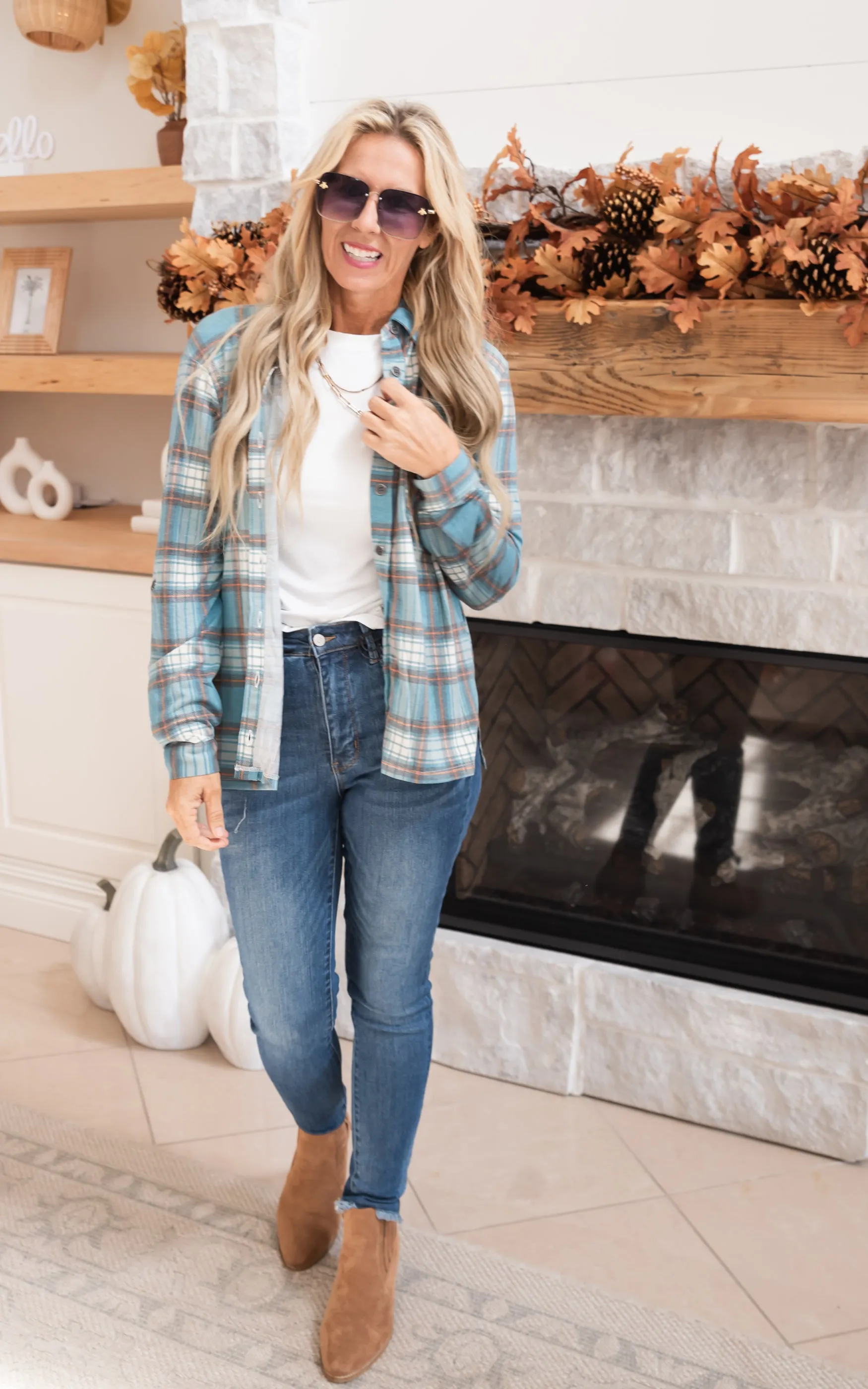 Falling for Plaid Roll Up Long Sleeve Shacket -Teal