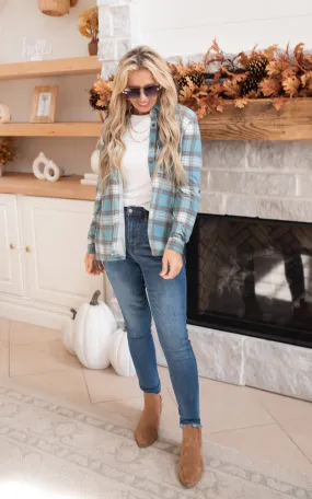 Falling for Plaid Roll Up Long Sleeve Shacket -Teal