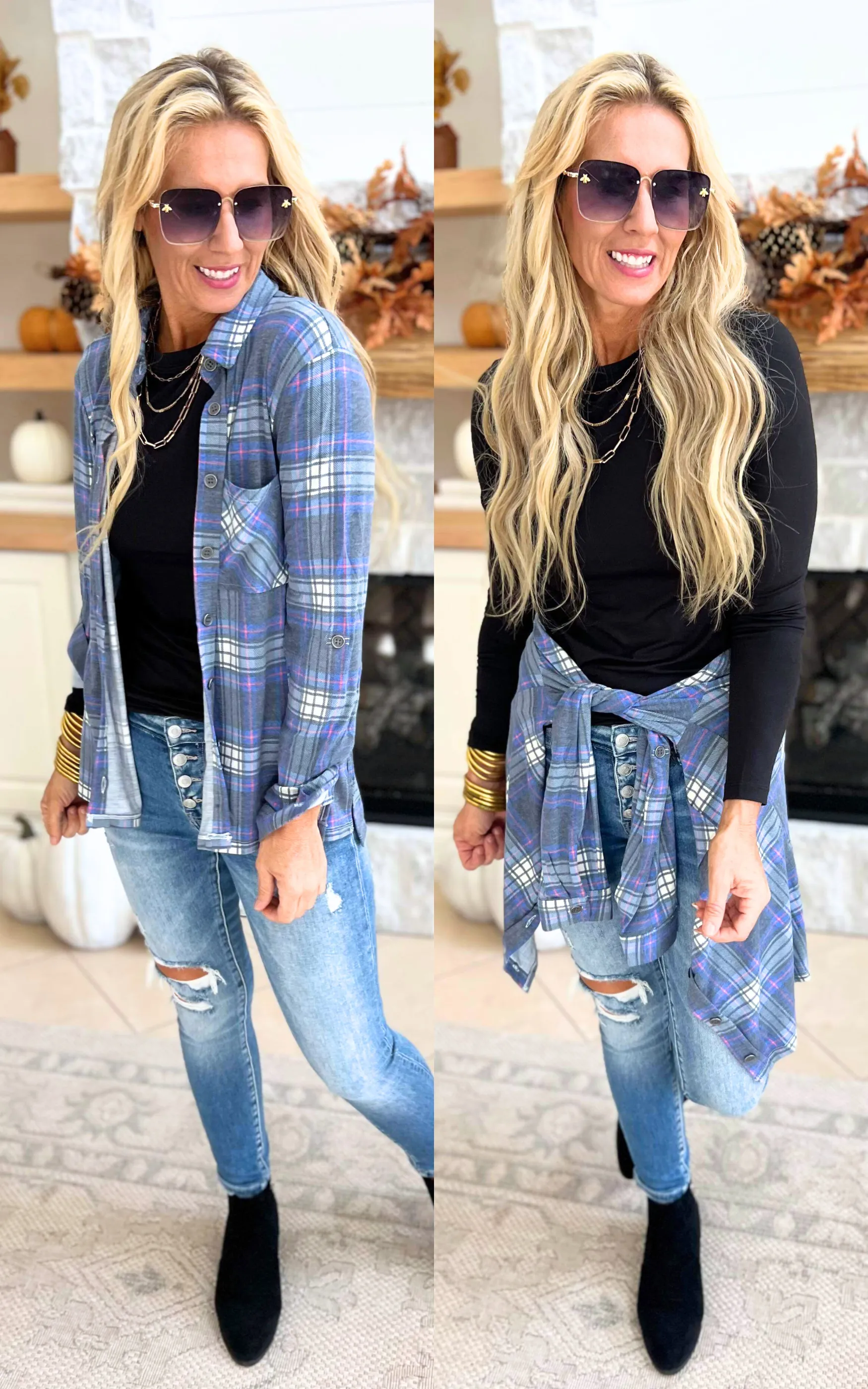 Falling for Plaid Roll Up Long Sleeve Top - Navy