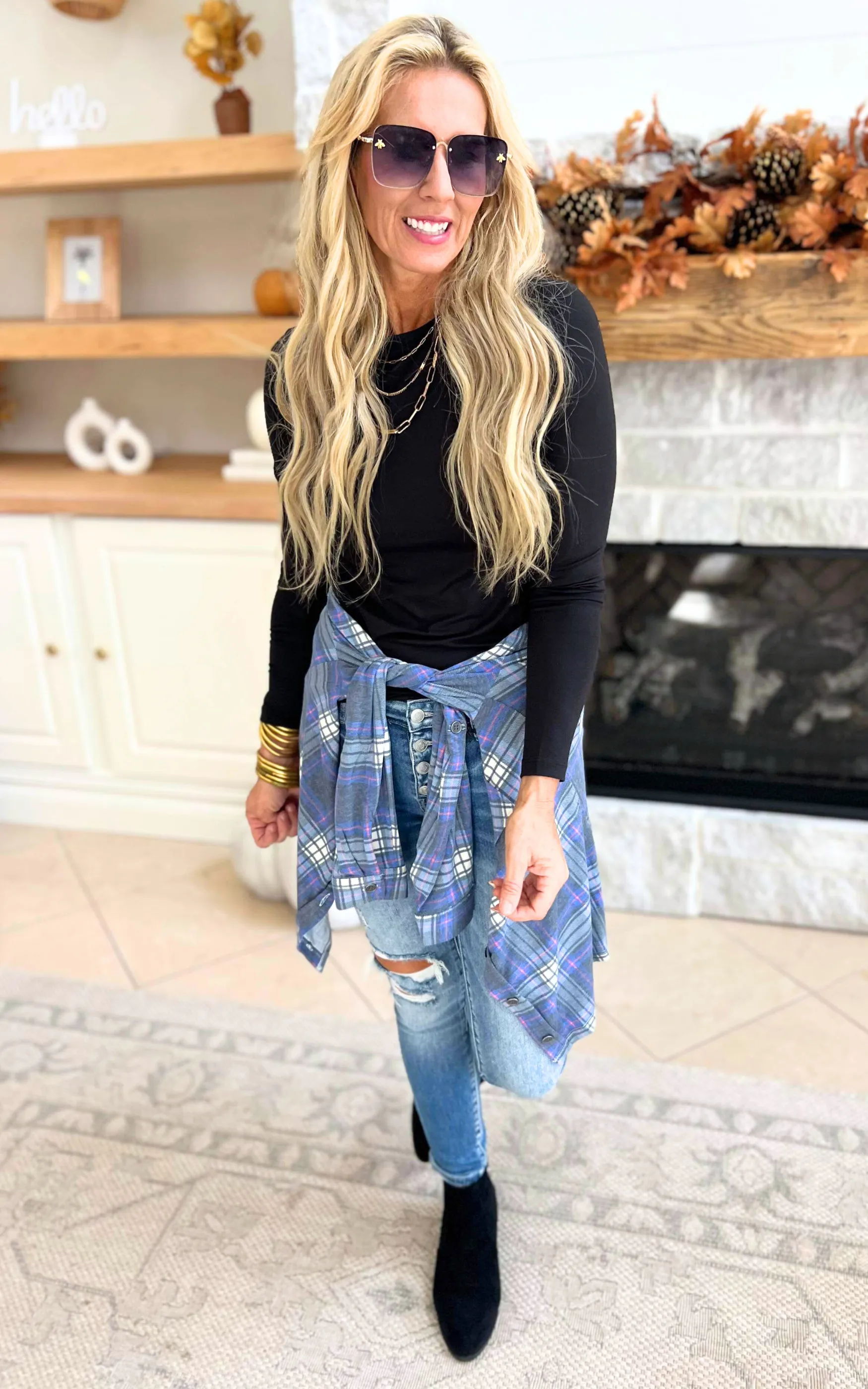 Falling for Plaid Roll Up Long Sleeve Top - Navy