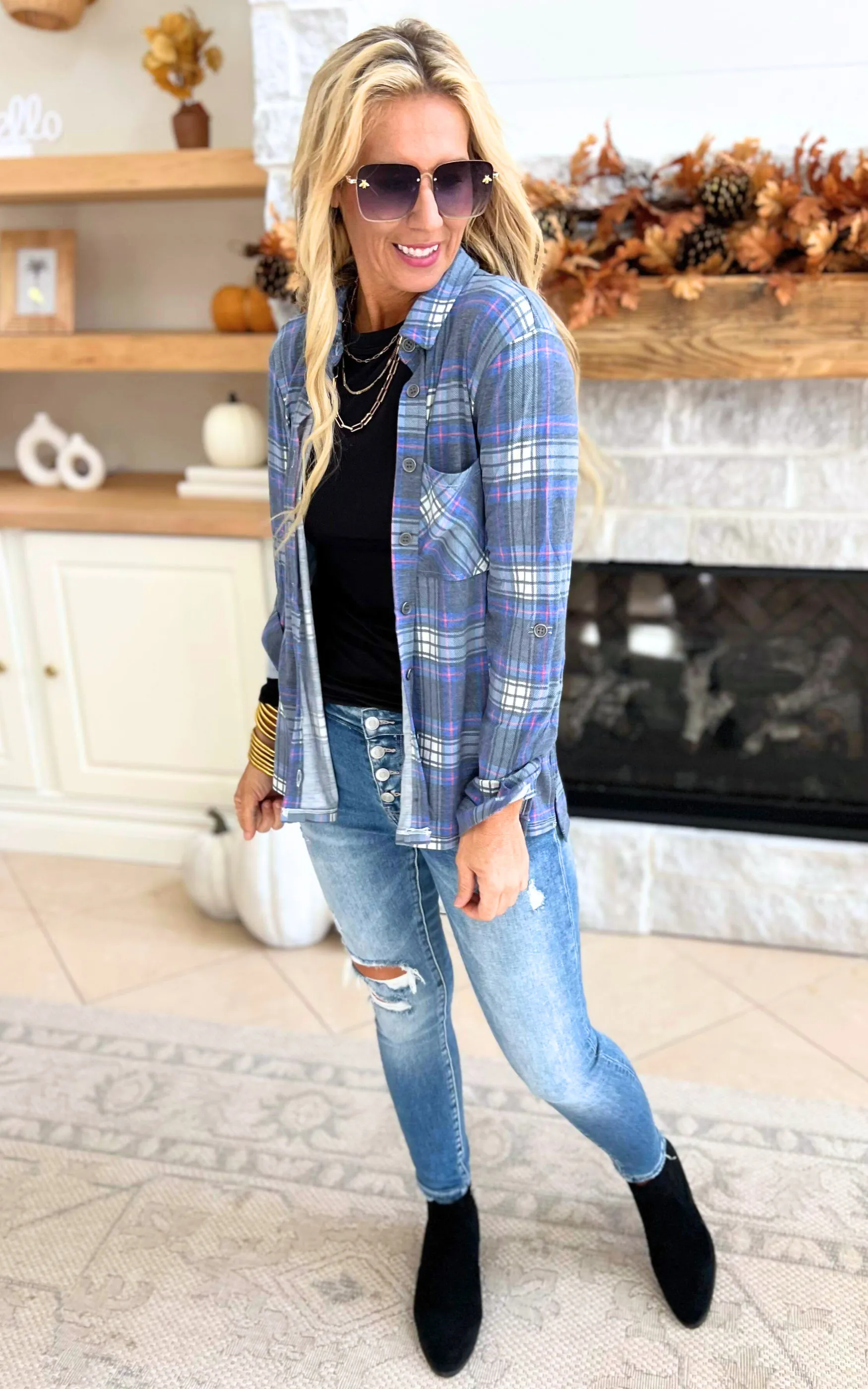 Falling for Plaid Roll Up Long Sleeve Top - Navy