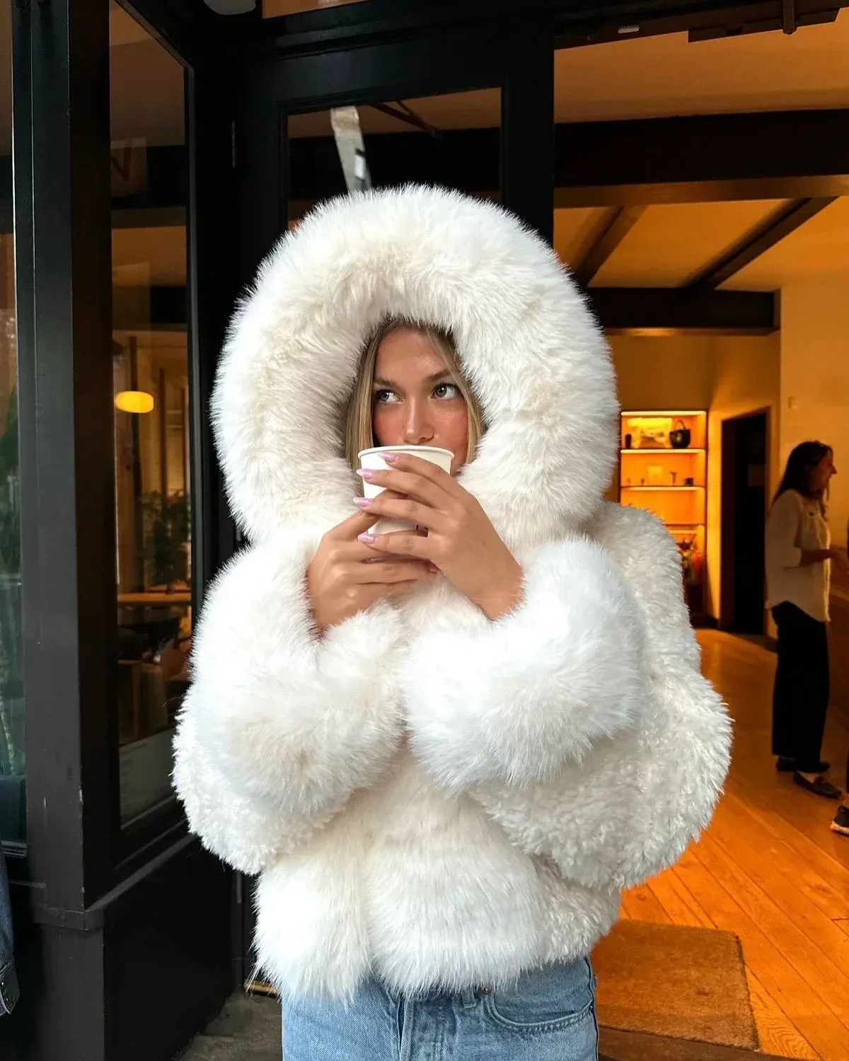 Fashionkova Christmas Gift Outfit  Elegant White Hooded Full Sleeves Short Faux Fur Coat Fashion Solid Color Warm Fluffy Jacket New Winter Woman Streetwear