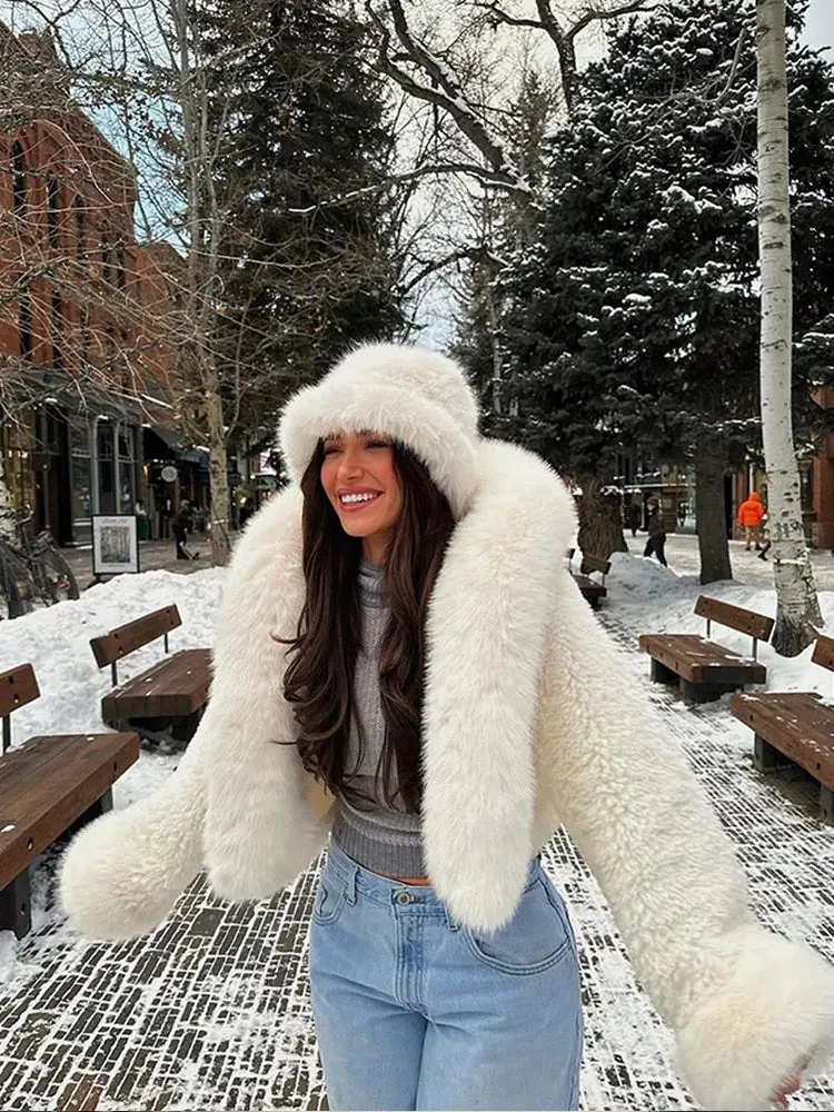 Fashionkova Christmas Gift Outfit  Elegant White Hooded Full Sleeves Short Faux Fur Coat Fashion Solid Color Warm Fluffy Jacket New Winter Woman Streetwear