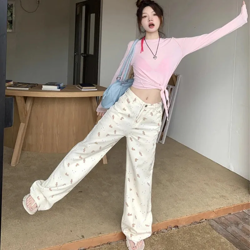 Fashionkova Korea Sweet Pink Printed Jeans for Women Spring/summer Straight Leg Wide Leg Casual Pants 2024 Y2K Casual Street Jeans for Women