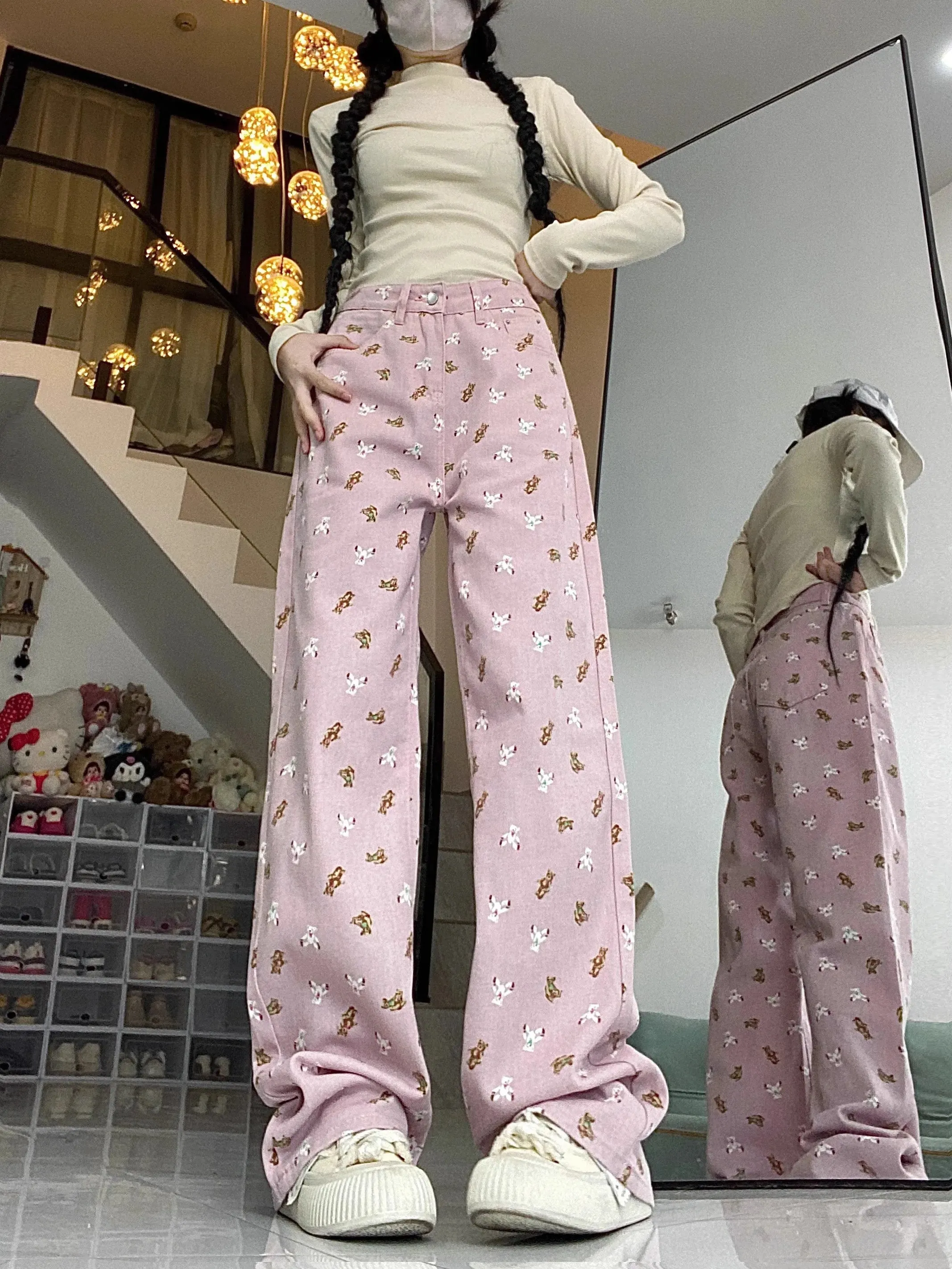 Fashionkova Korea Sweet Pink Printed Jeans for Women Spring/summer Straight Leg Wide Leg Casual Pants 2024 Y2K Casual Street Jeans for Women