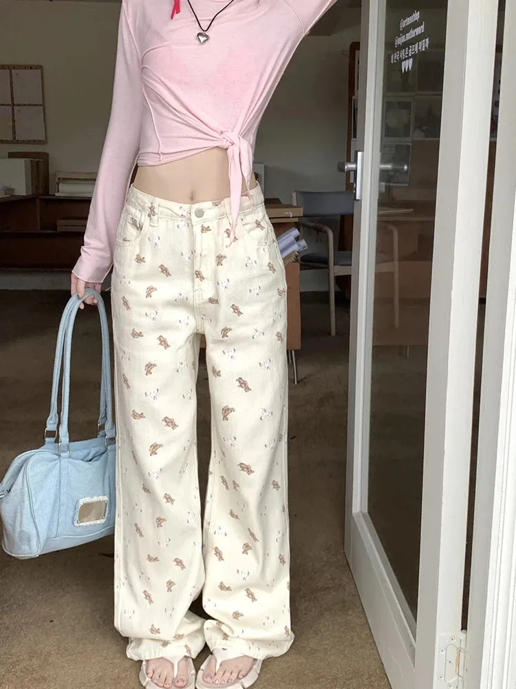 Fashionkova Korea Sweet Pink Printed Jeans for Women Spring/summer Straight Leg Wide Leg Casual Pants 2024 Y2K Casual Street Jeans for Women