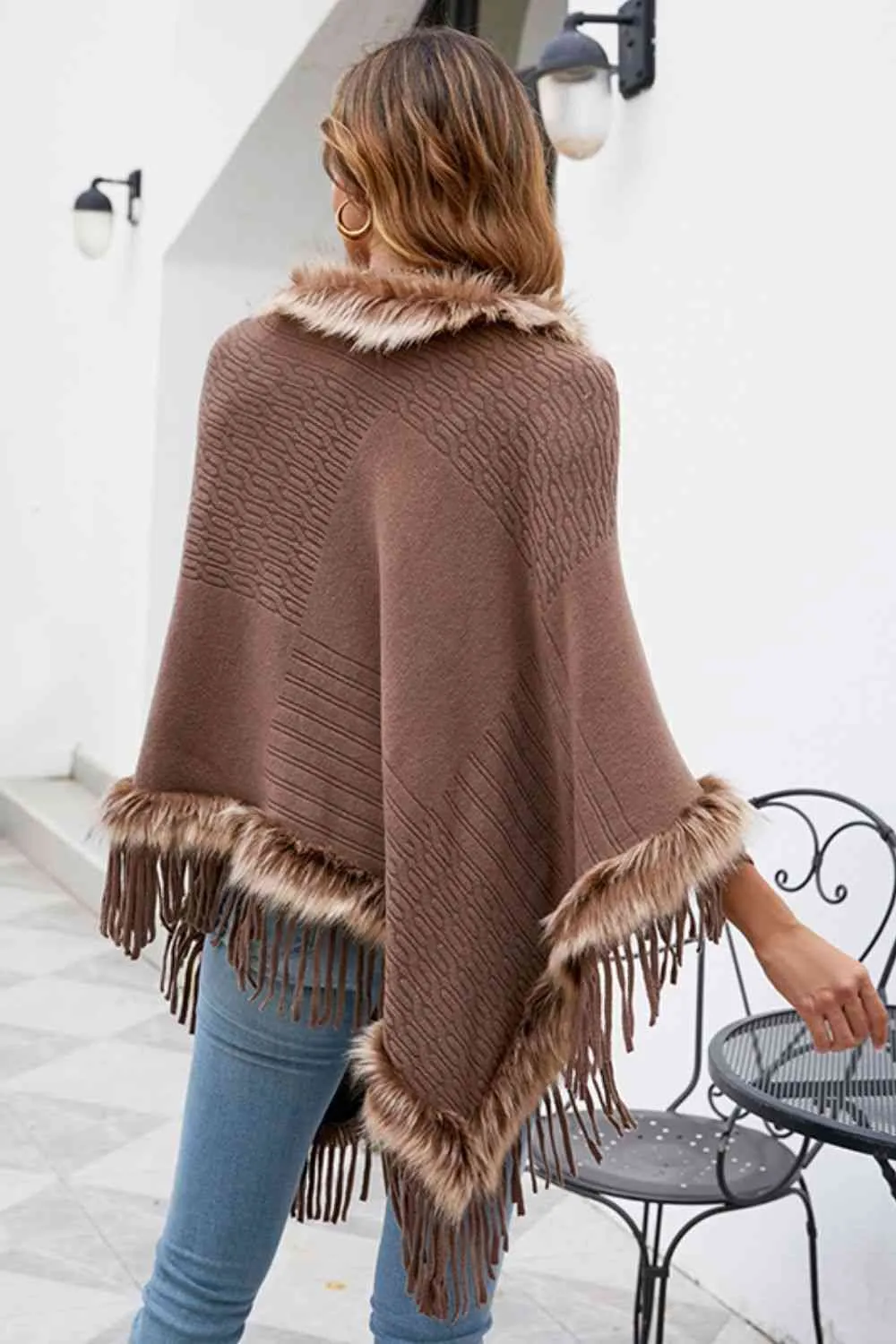 Faux Fur Trim Fringed Poncho