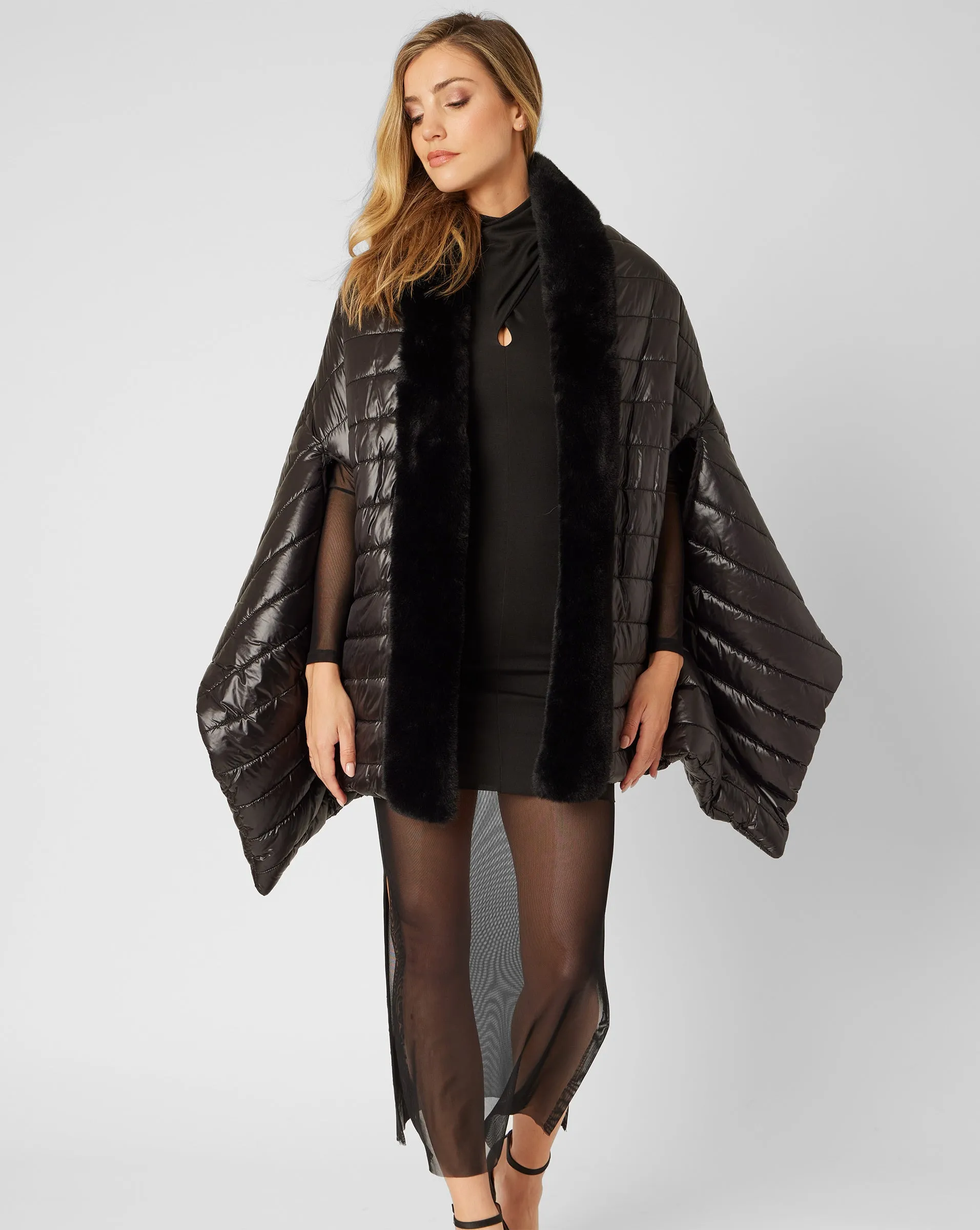 Faux Fur Trim Puffer Cape