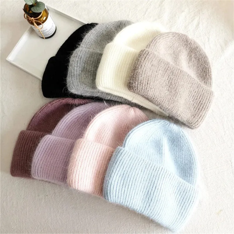 Fluffy Plain Knit Pastel Color Winter Beanie Hats