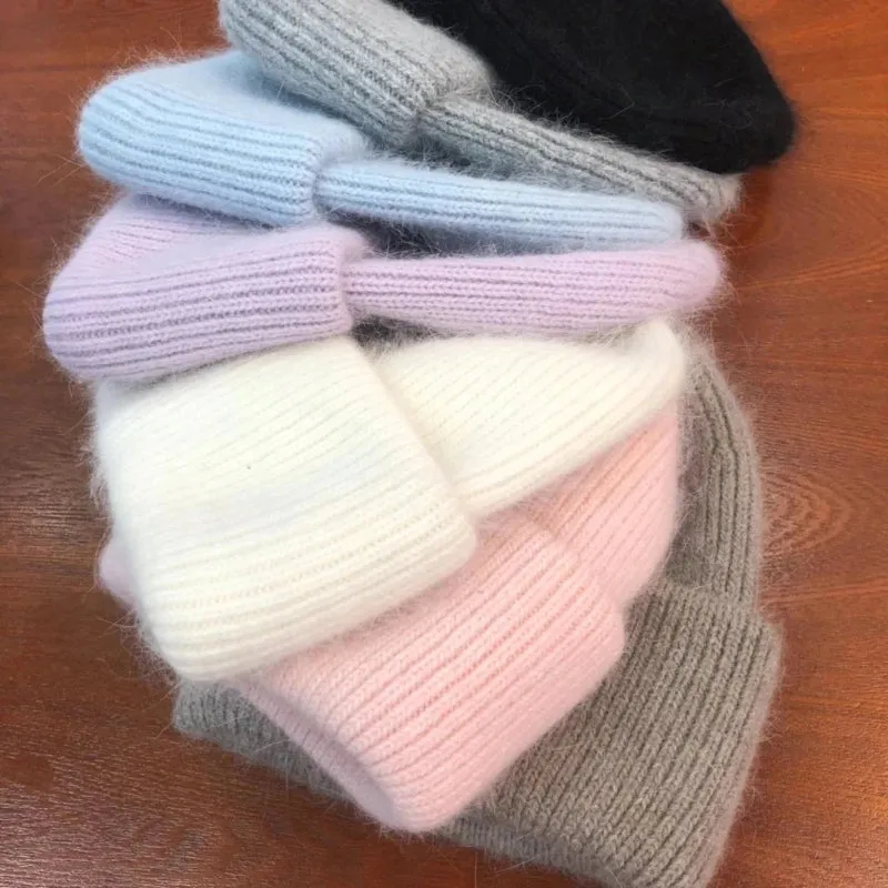 Fluffy Plain Knit Pastel Color Winter Beanie Hats