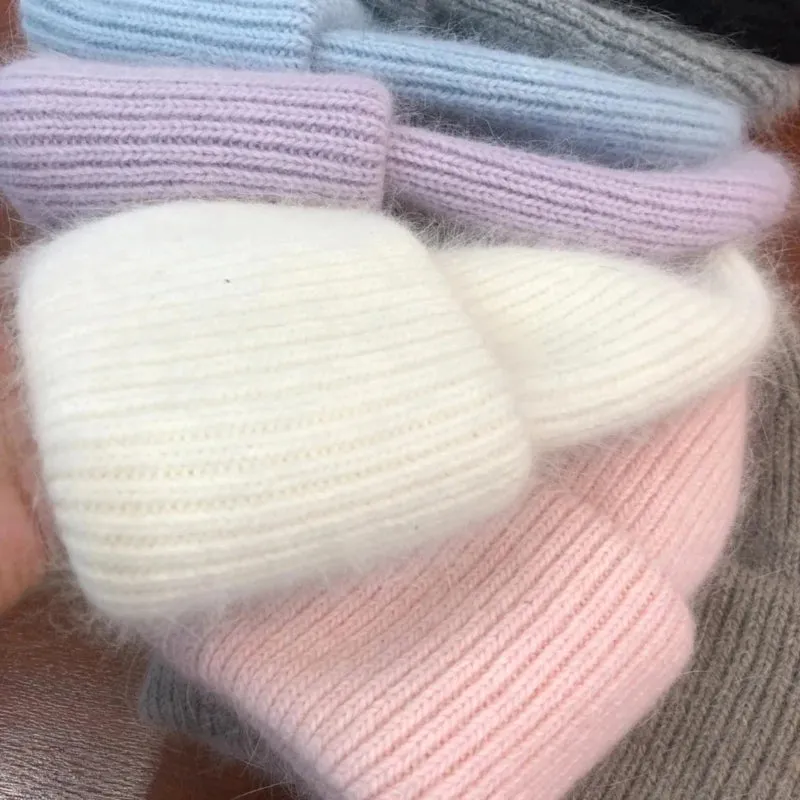 Fluffy Plain Knit Pastel Color Winter Beanie Hats