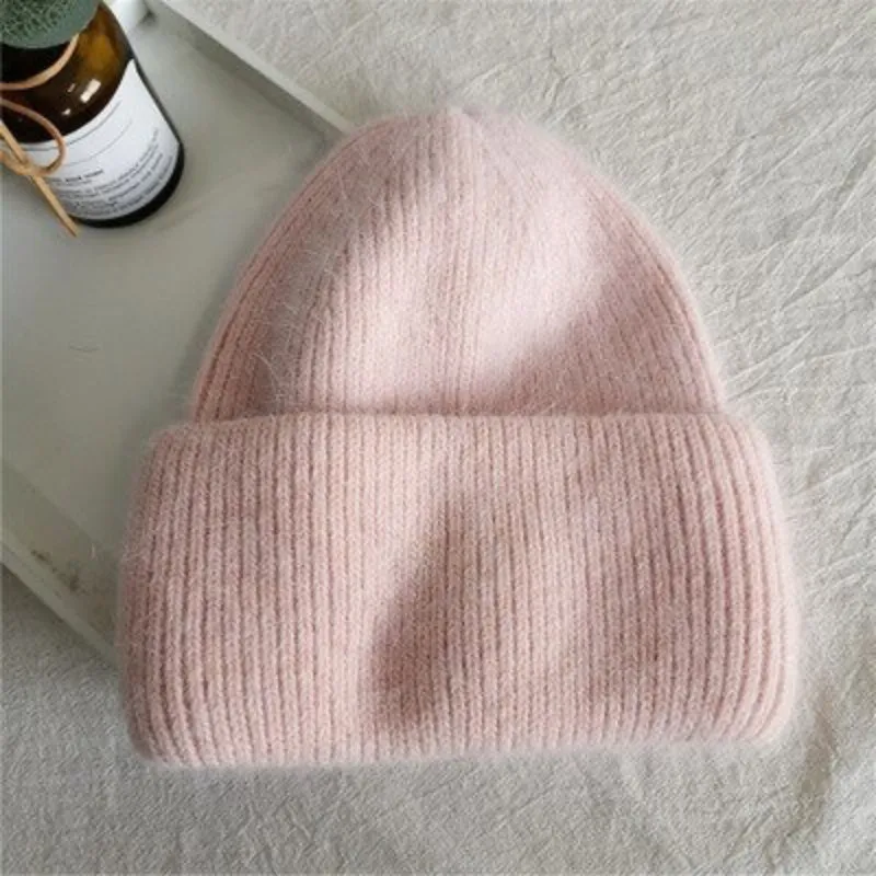 Fluffy Plain Knit Pastel Color Winter Beanie Hats