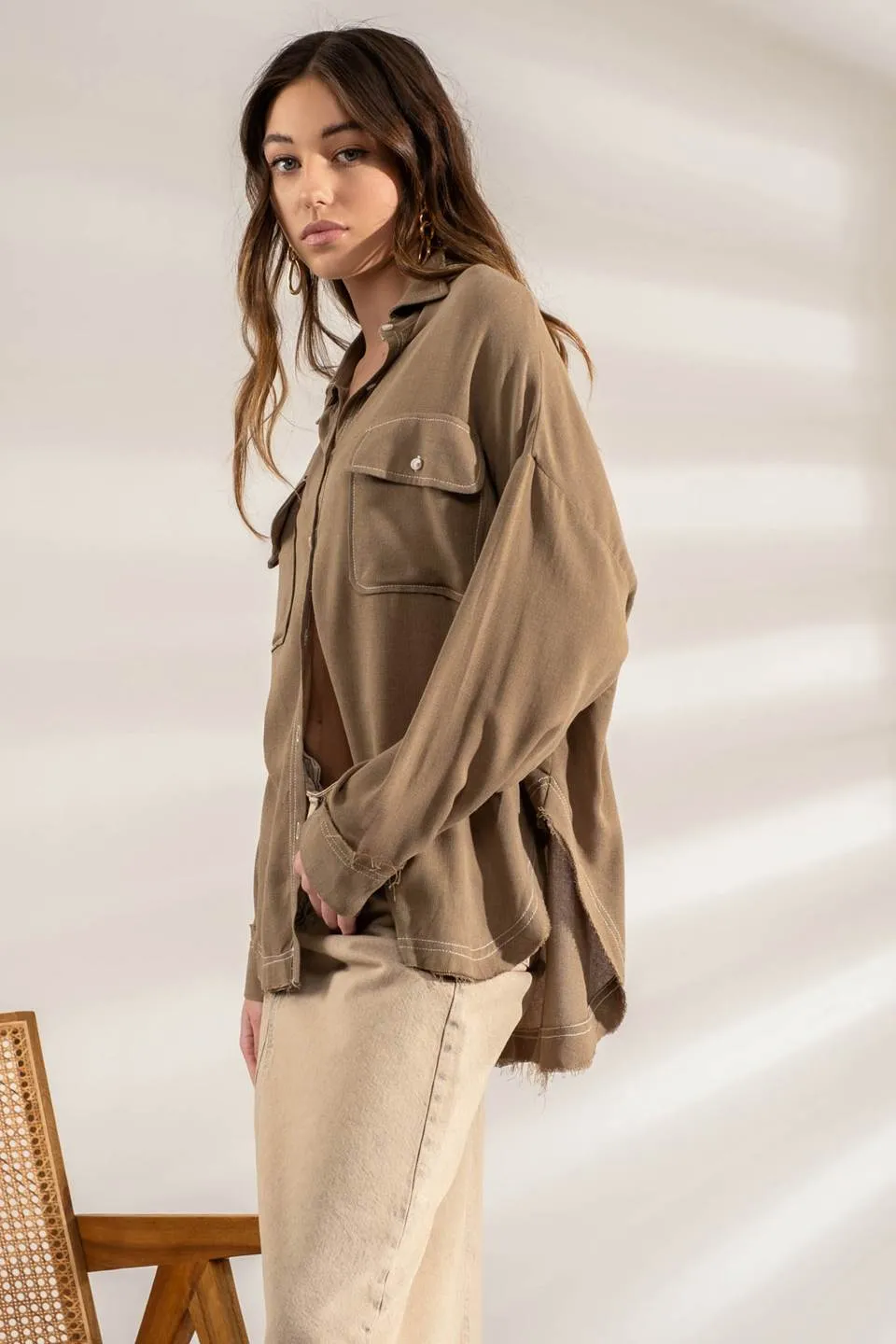 FRAY HEM OVERSIZED BUTTON DOWN SHACKET