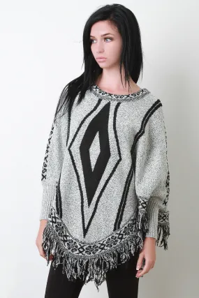 Fringe Hem Marled Knit Tribal Pattern Poncho