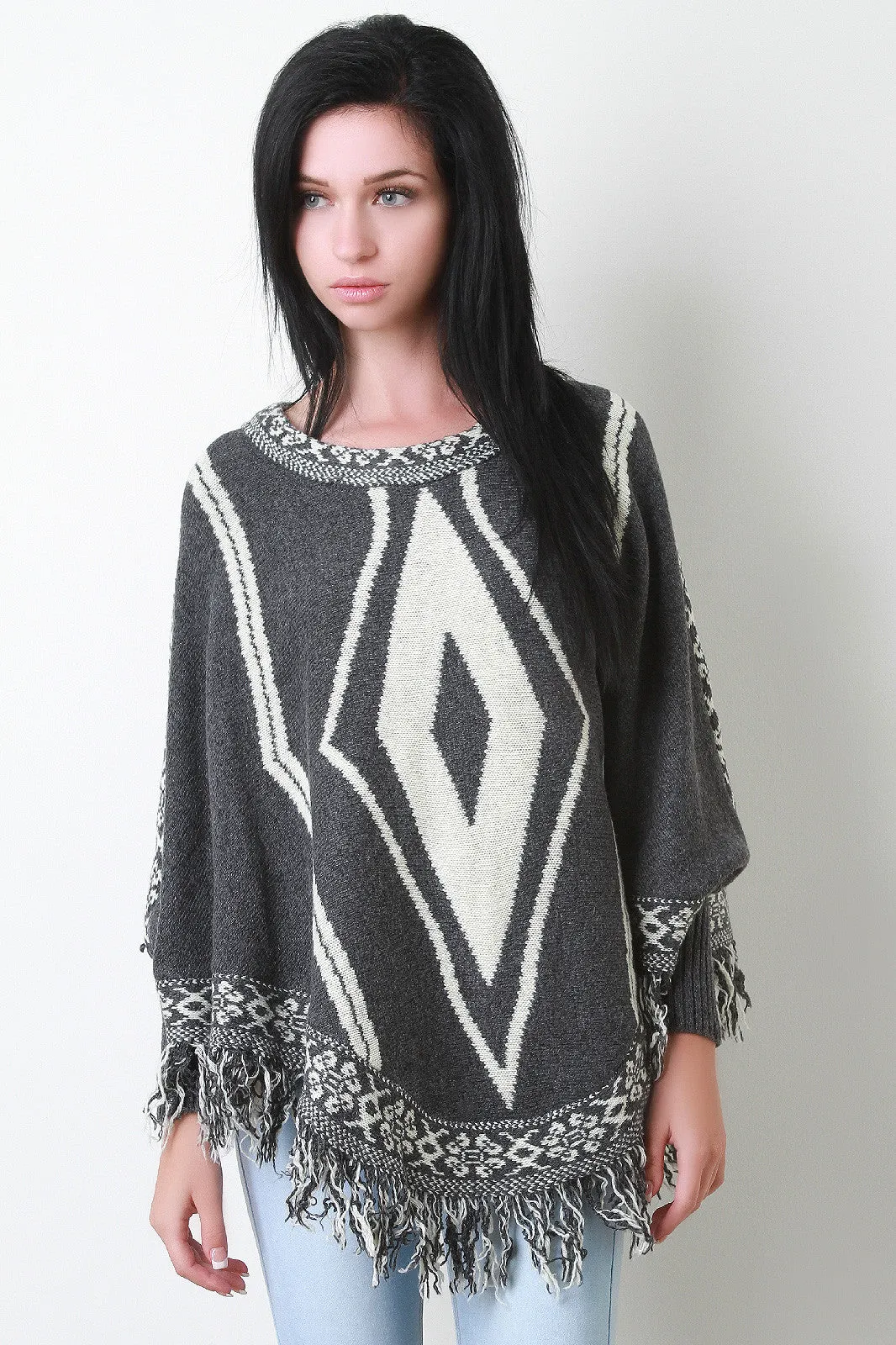 Fringe Hem Marled Knit Tribal Pattern Poncho