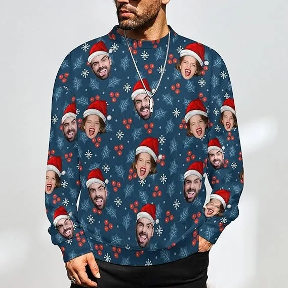 Funny Ugly Christmas Special Custom Face Men's Sweater Personalized Face Sweatshirt for Husband Father Boyfriend Light Line Black