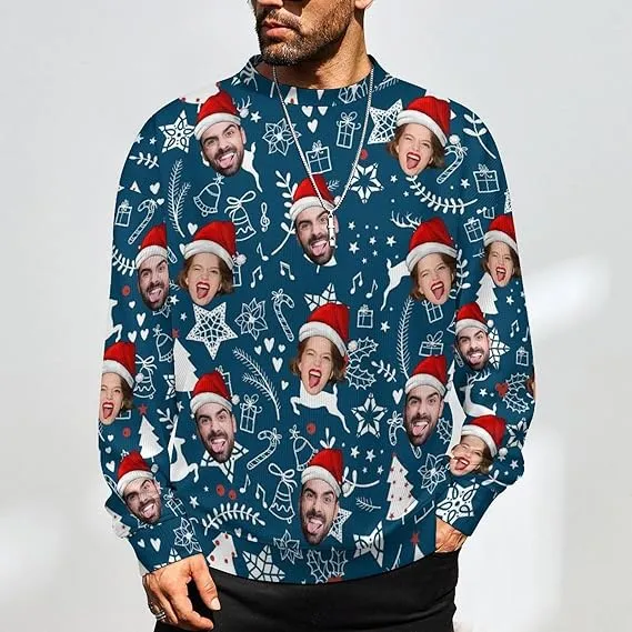 Funny Ugly Christmas Special Custom Face Men's Sweater Personalized Face Sweatshirt for Husband Father Boyfriend Light Line Black