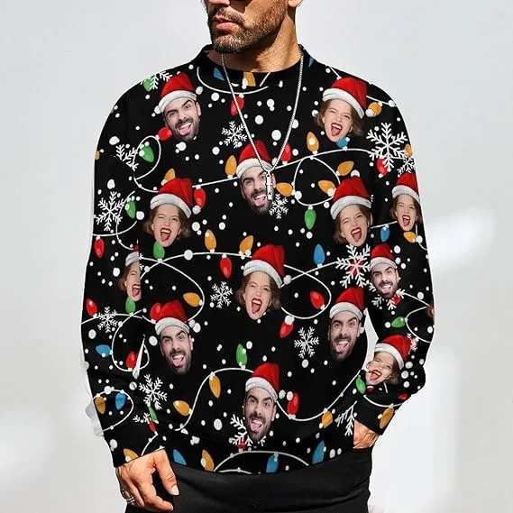 Funny Ugly Christmas Special Custom Face Men's Sweater Personalized Face Sweatshirt for Husband Father Boyfriend Light Line Black